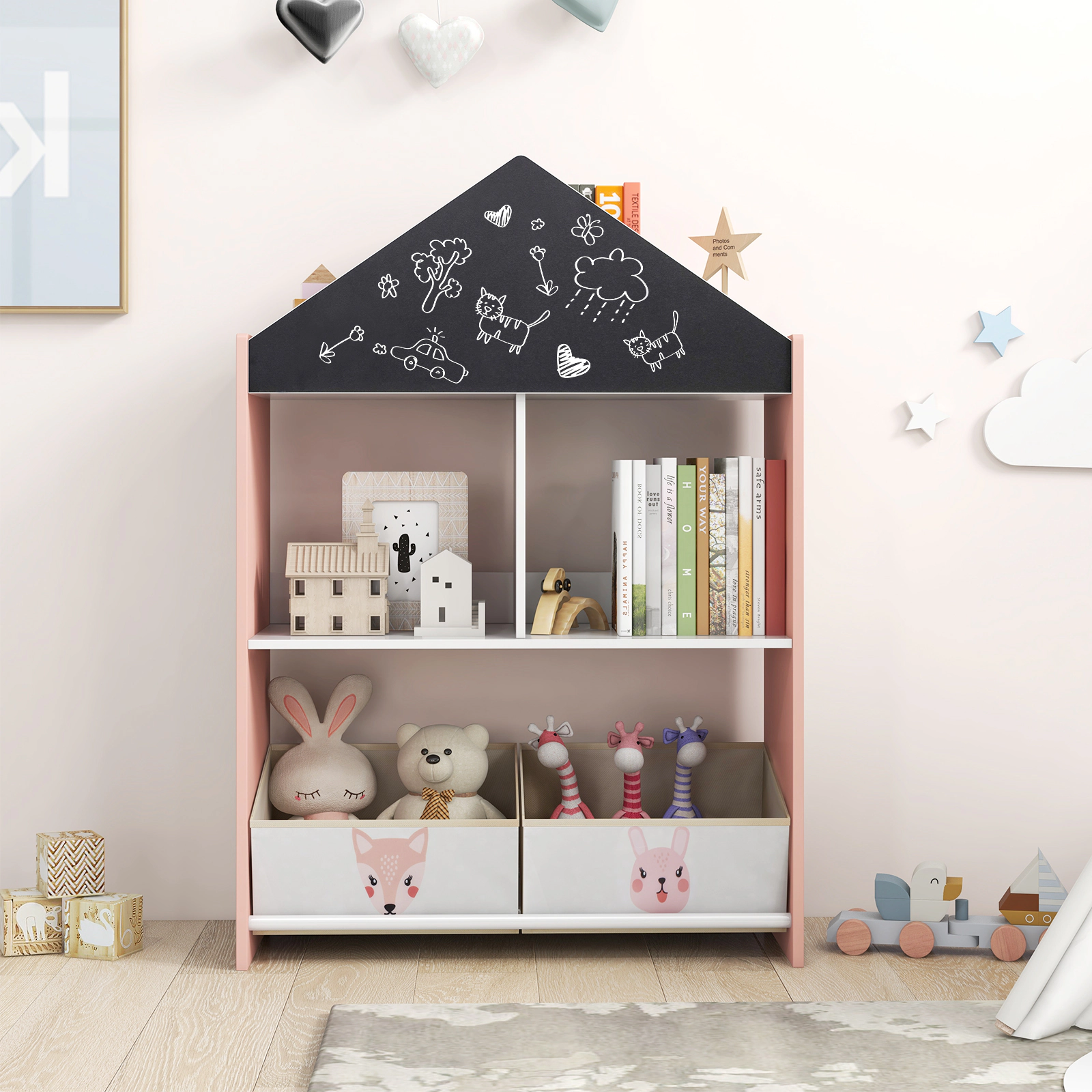 SUGIFT Playhouse Kids Bookshelf with Chalkboard and Whiteboard for 3-6 Years Pink