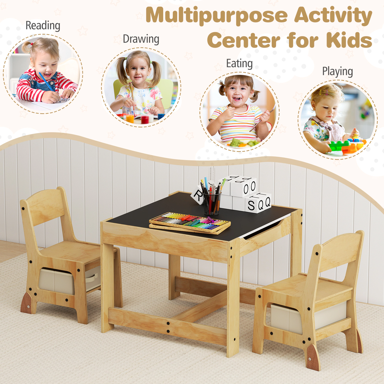 SUGIFT 3-in-1 Kids Table & Chair Set Removable Double-Sided Top 100-lb Table Capacity Ages 3+ Natural & Gray/Natural