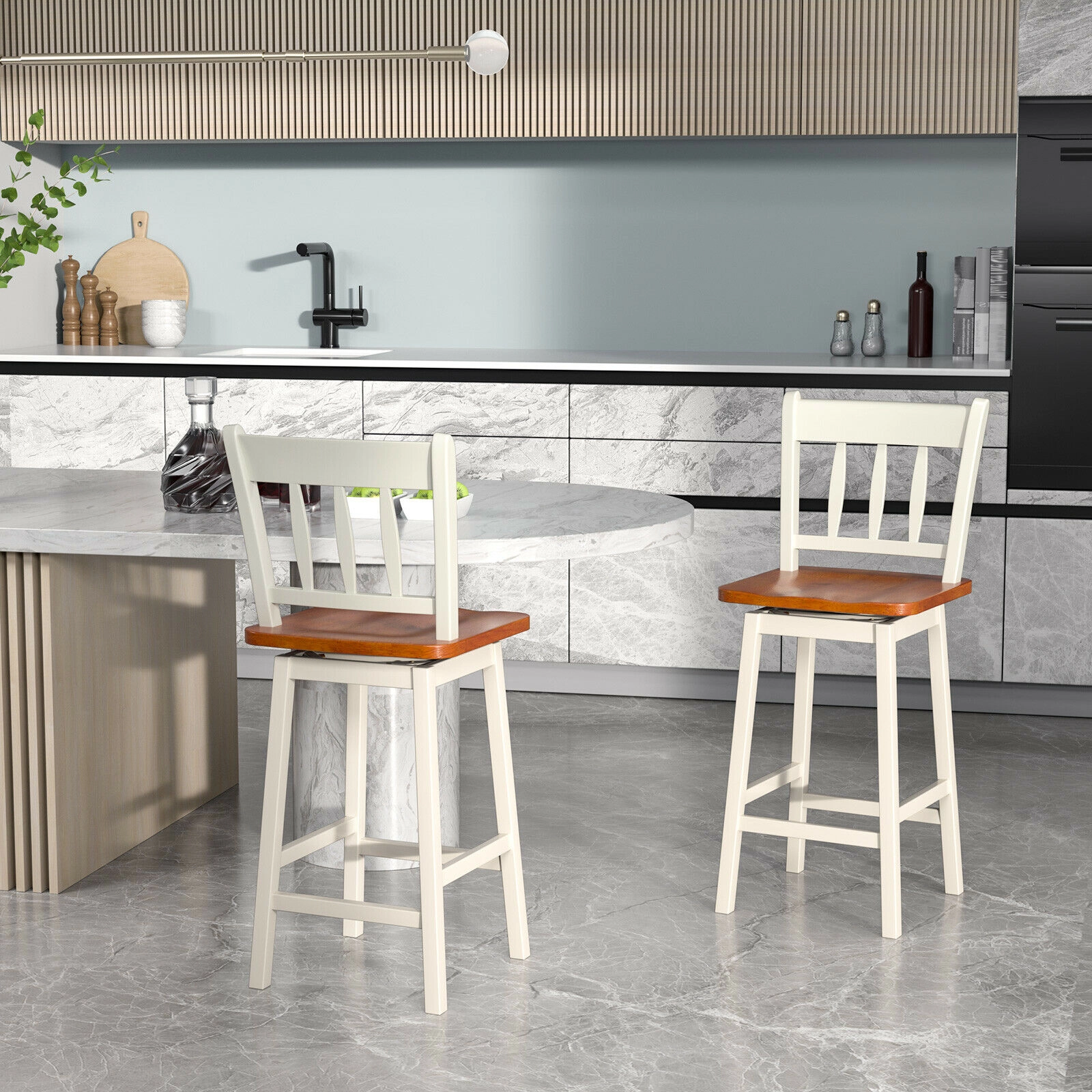 SUGIFT Set of 2 White 24.5-Inch Solid Rubberwood Counter-Height Swivel Bar Stools with Footrests