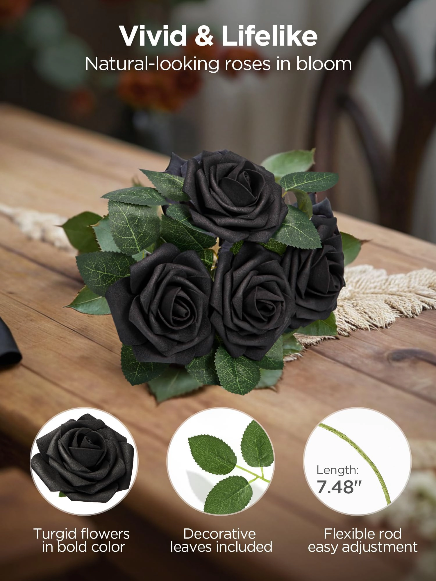 PUPWE Roses 50 Black Flowers Artificial Faux Foam Floral