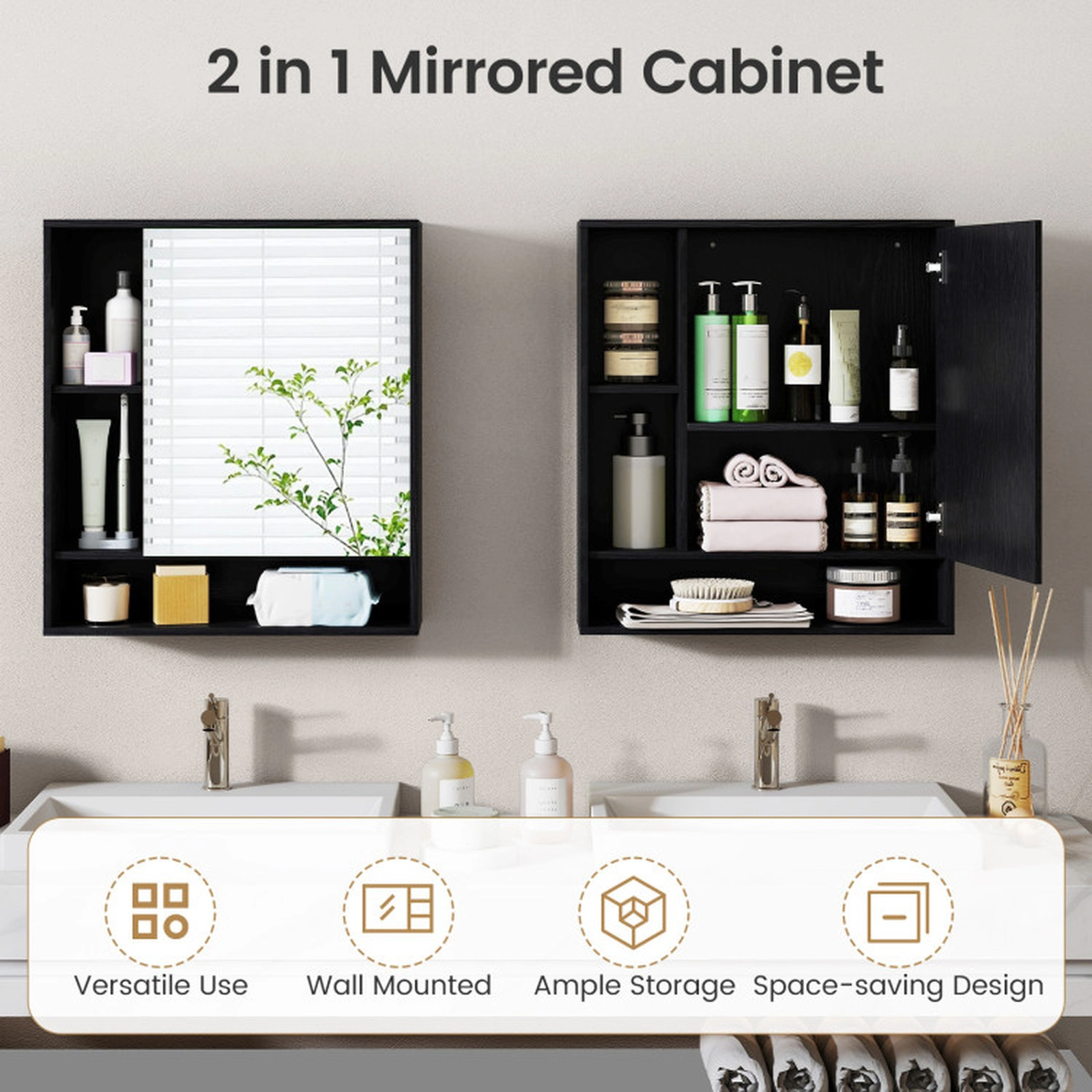SUGIFT Black 176-lb Capacity Wall Mounted Bathroom Mirror Cabinet with Single Door and Open Shelves