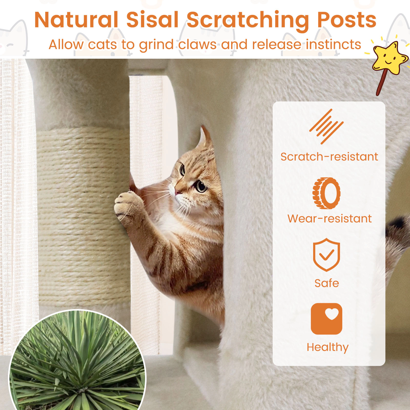 SUGIFT Space-Saving Cat Tree Tower with Upholstered Perch and 2 Cat Condos 24-in Frame 22-lb Capacity Beige