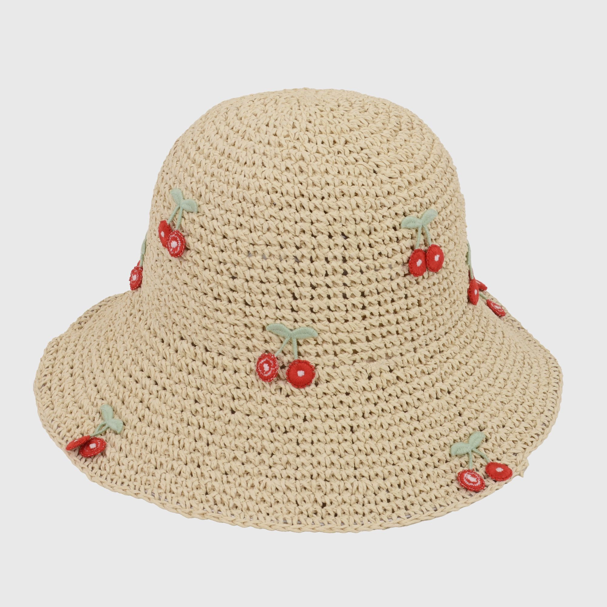 Anna-Kaci Women's Straw Bucket Hat with Cherry Embellishments - White