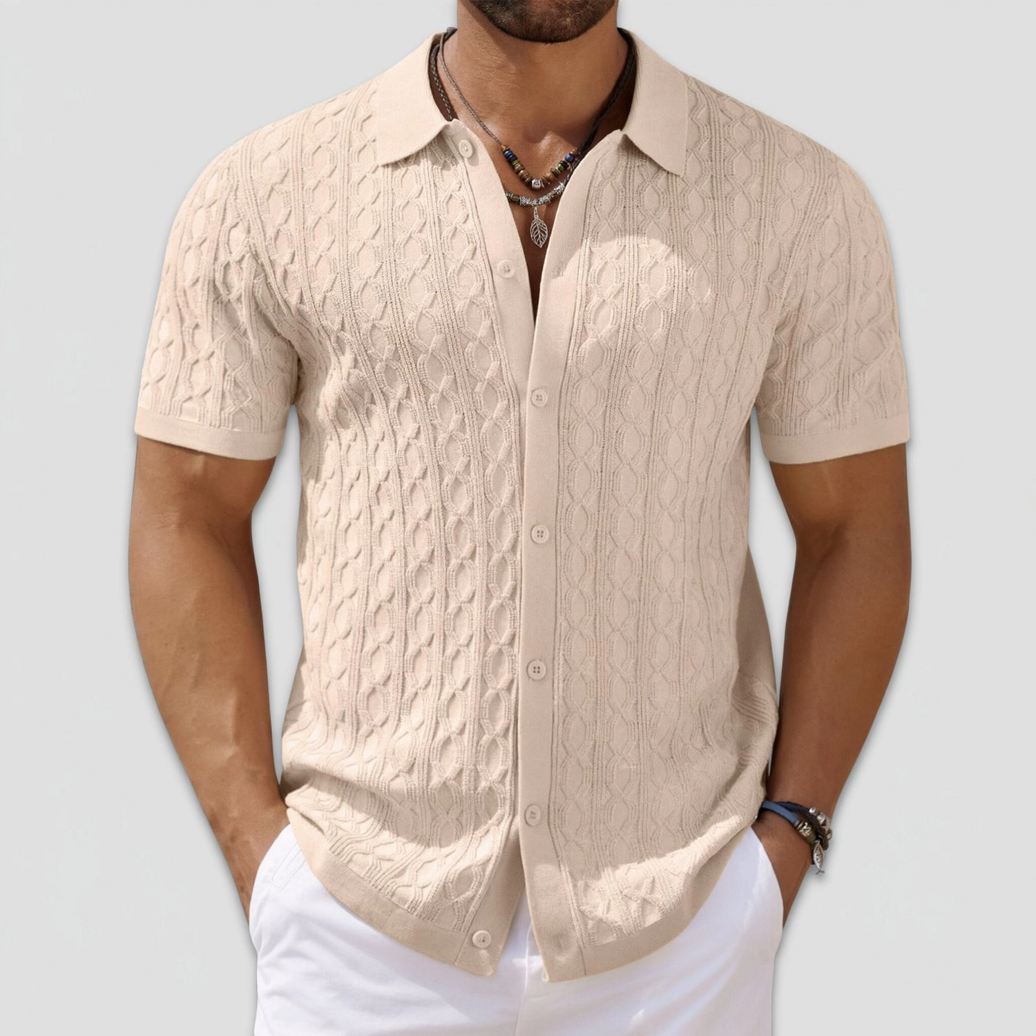 COOFANDY Mens Cable Knit Polo Shirt Short Sleeve Button Down Casual  Tops