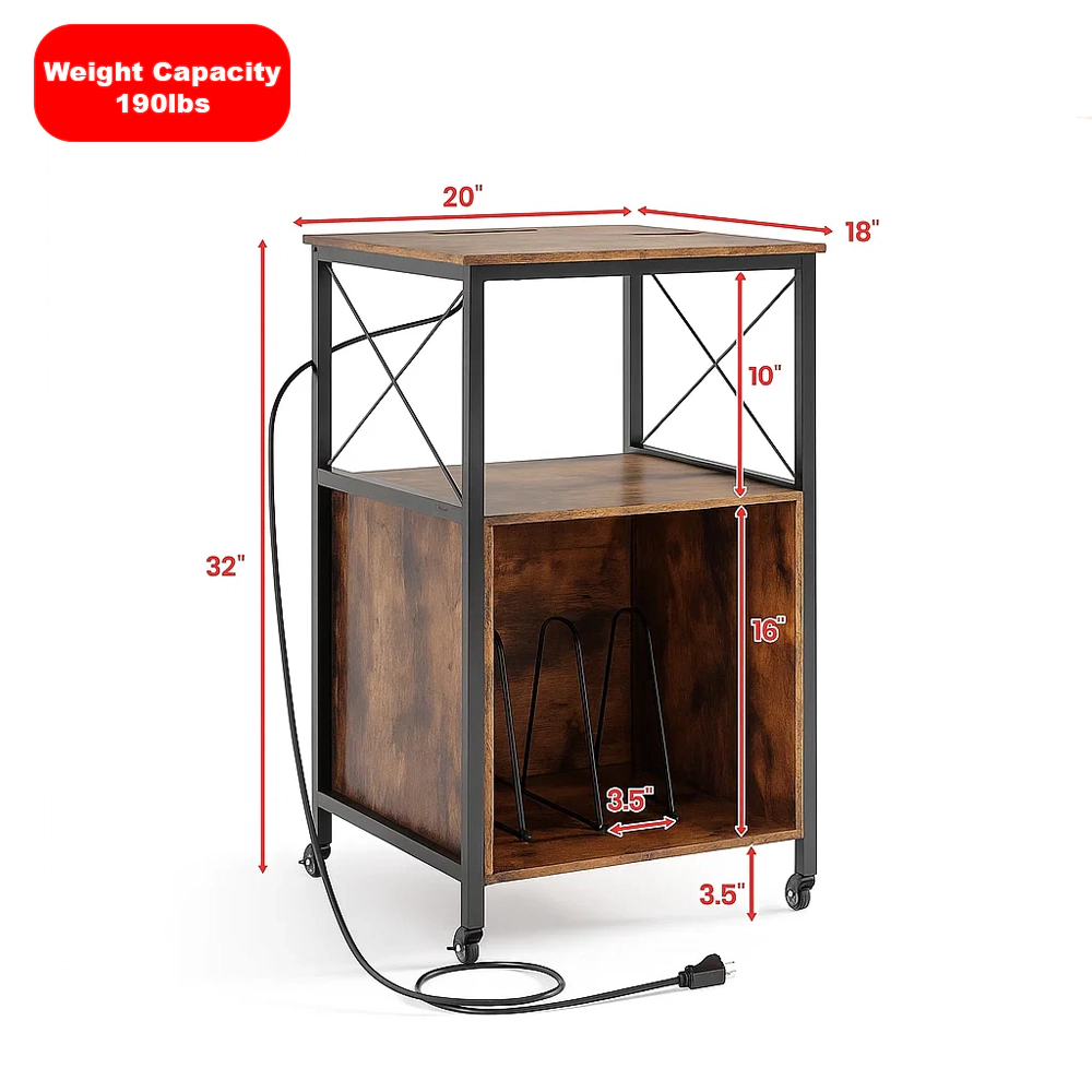 Hivvago Mobile Vinyl Record Stand with Charging Station, Open Shelf, and Sectioned Storage