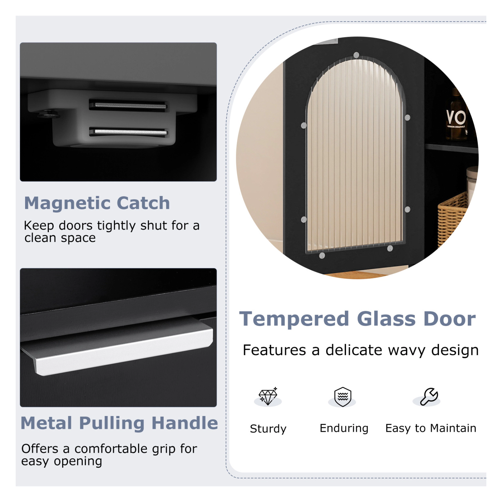 Glintex Bathroom Side Cabinet with Wavy Tempered Glass Door and Solid Wood Legs