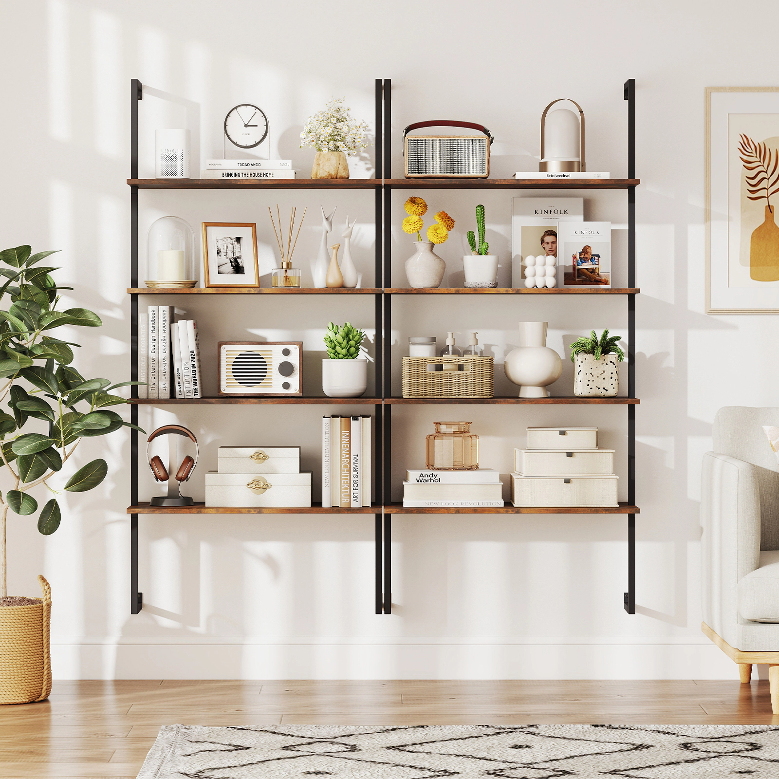 SUGIFT Brown 4-Tier Industrial Ladder Bookshelf Wall Mounted with Metal Frame