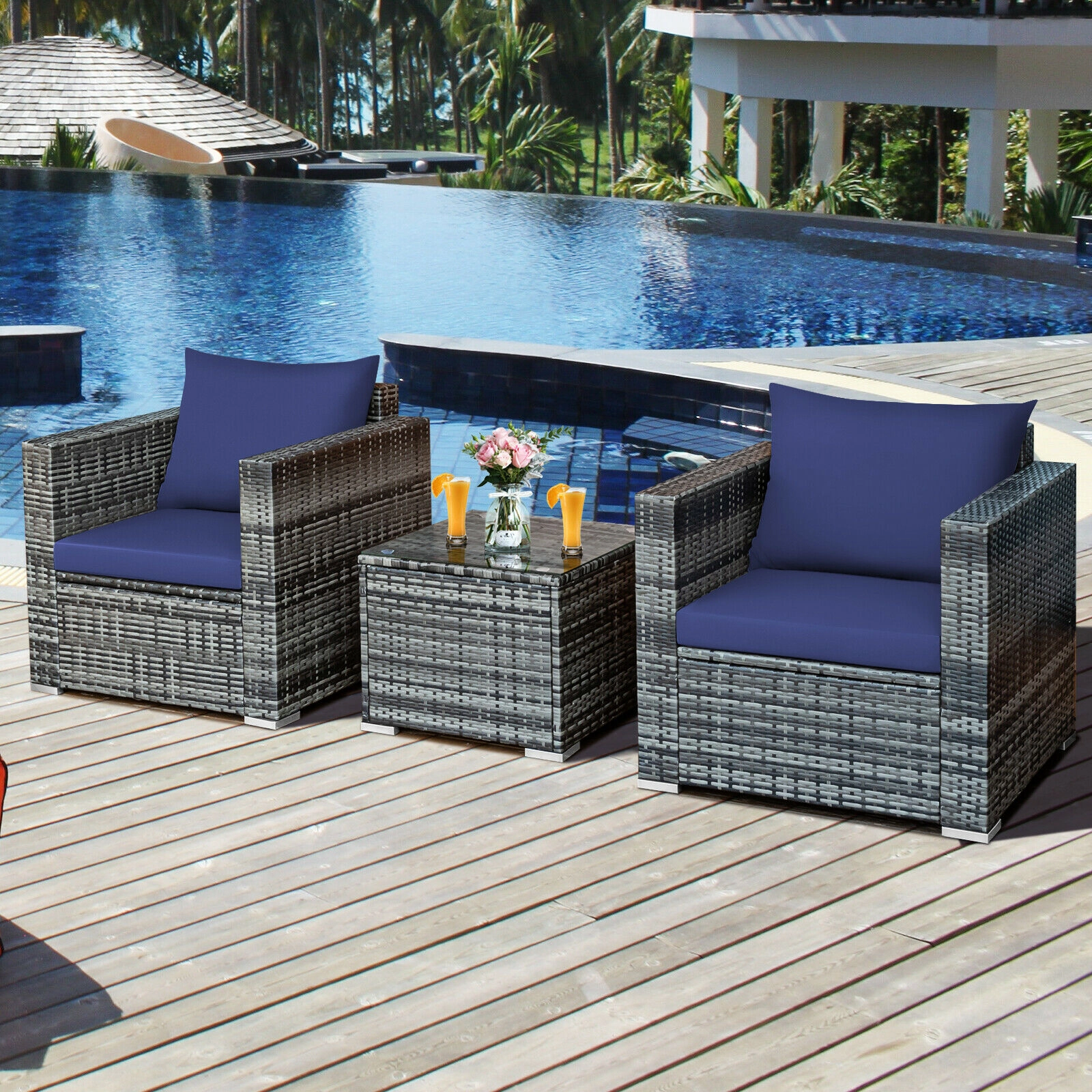 SUGIFT 3-Piece Gray Rattan Patio Sofa Set with 2 Cushioned Chairs and Lift-Out Glass Coffee Table