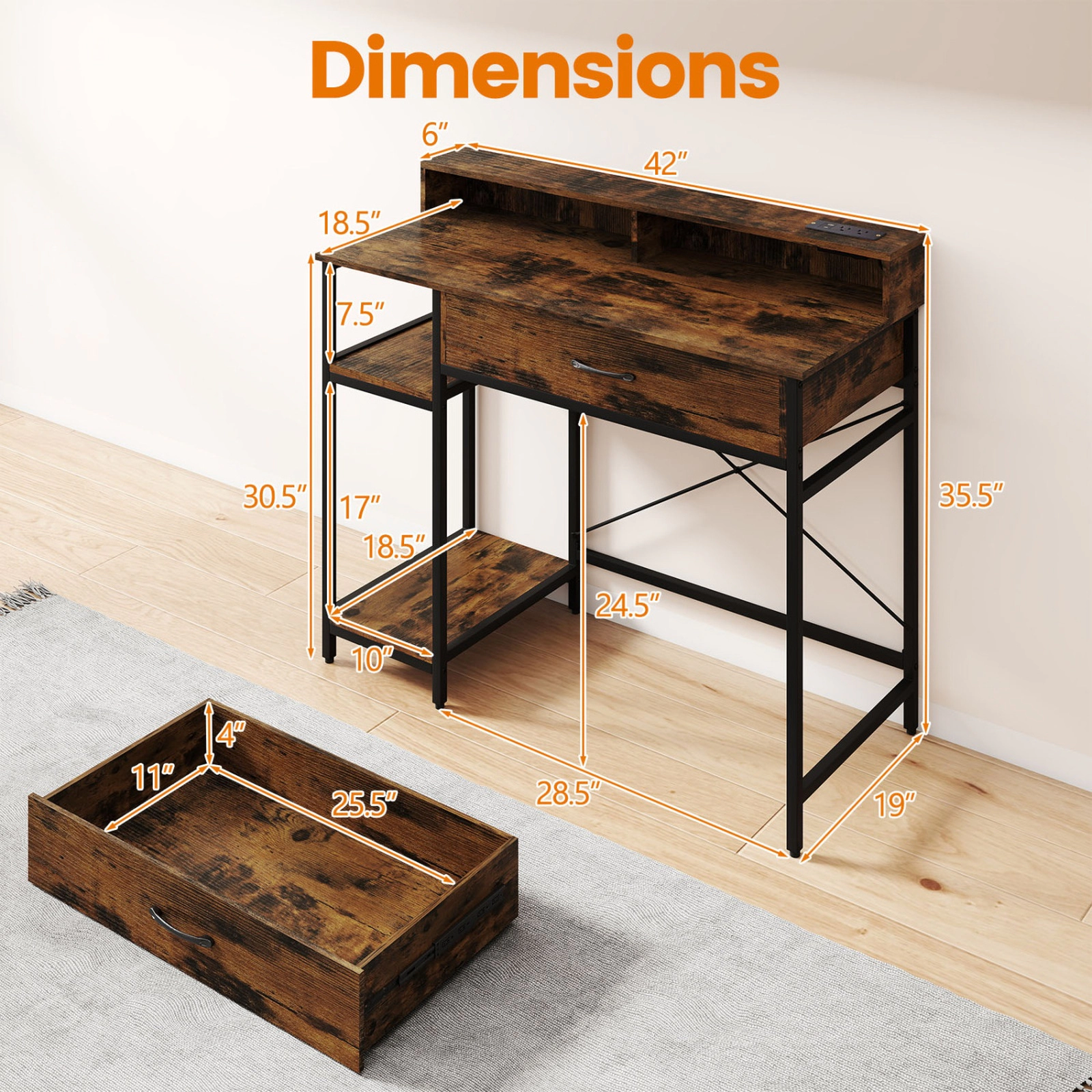 SUGIFT Computer Desk with Hutch Shelf Power Strip Drawer and Shelves 110-lb Tabletop Capacity Rustic Brown + Black