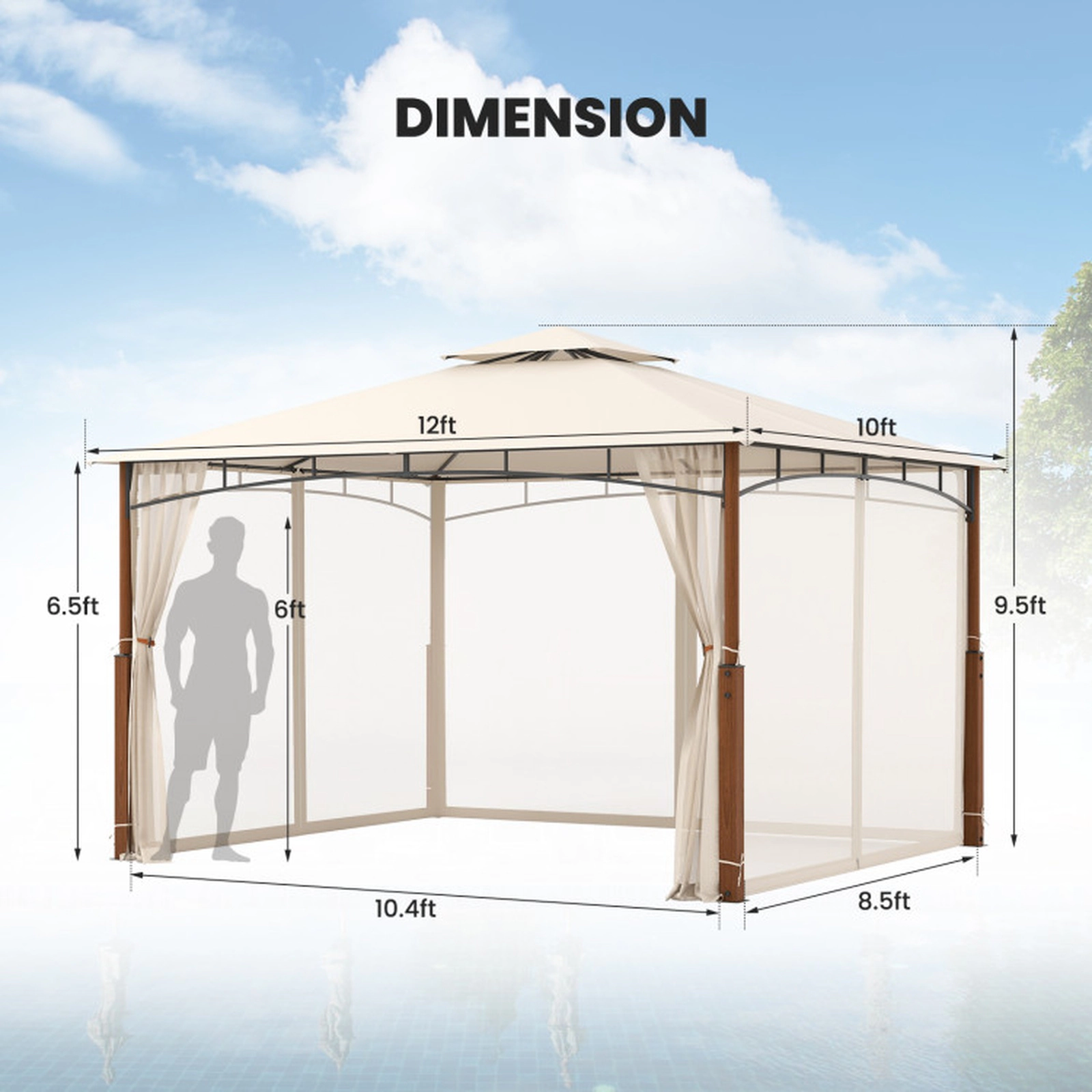 SUGIFT 12-ft x 10-ft Beige Patio Gazebo with Mosquito Netting 2-Tier Vented Roof and Wood Grain Columns