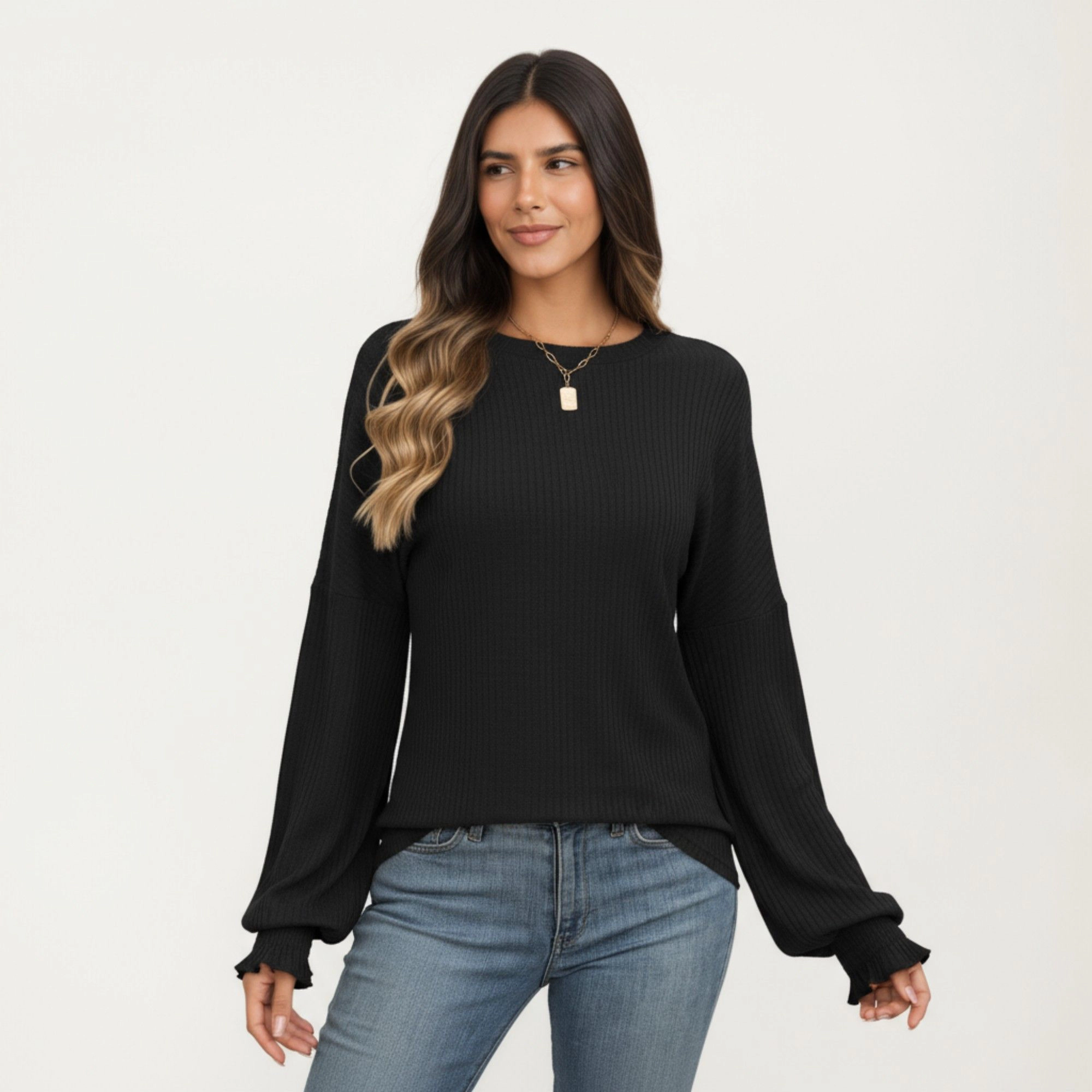 Anna-Kaci Women's Ribbed Ruffle Cuff Long Sleeve Knit Top