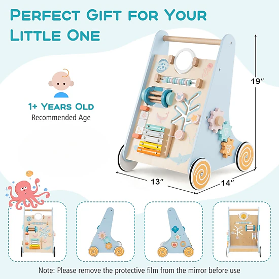 SlickBlue 8-in-1 Wooden Baby Walker with Interactive Learning Activities