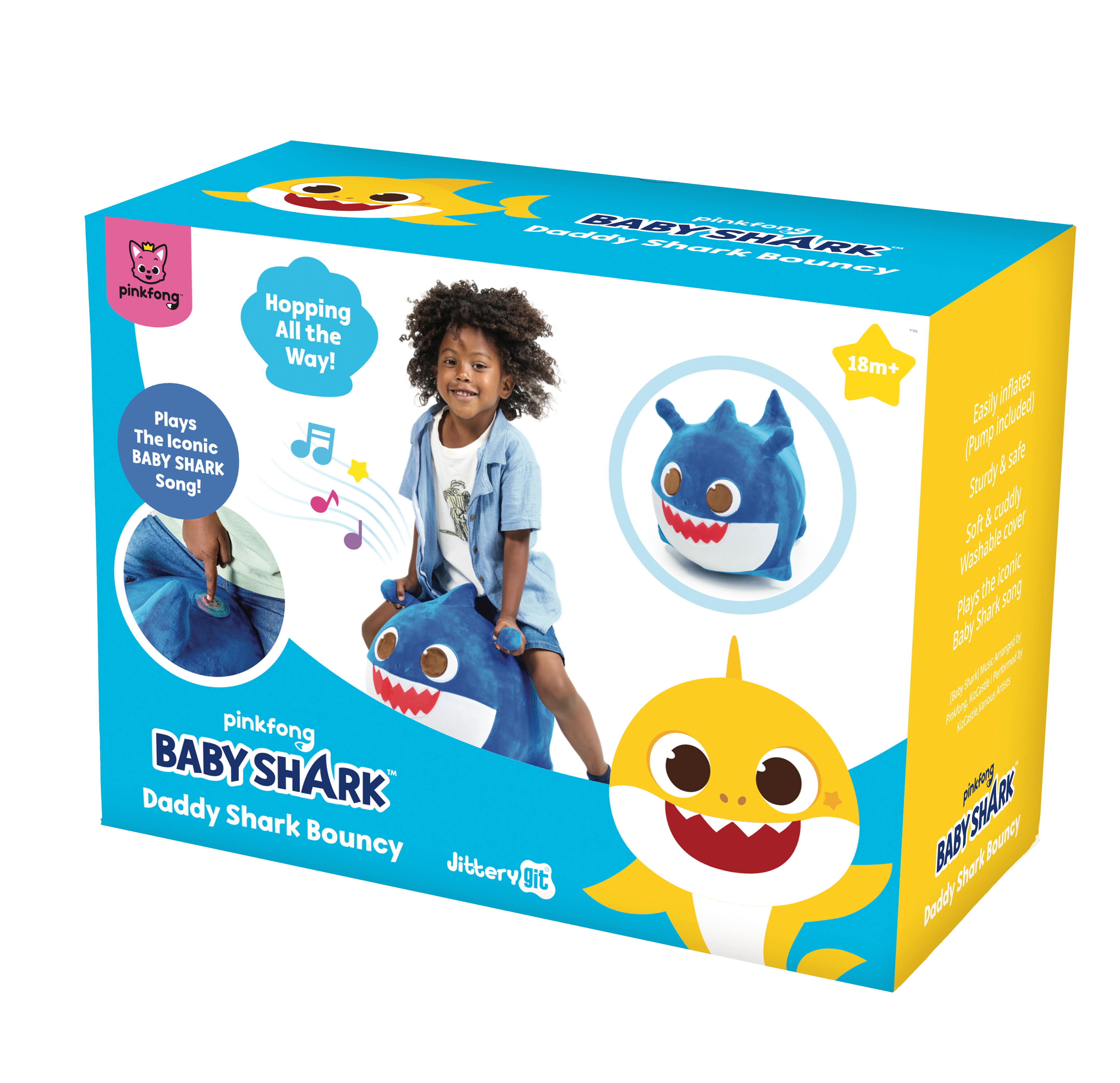 Pinkfong Kids Daddy Shark Musical Bouncy Ride-On Toy - Soft Plush Hopper with Iconic Song