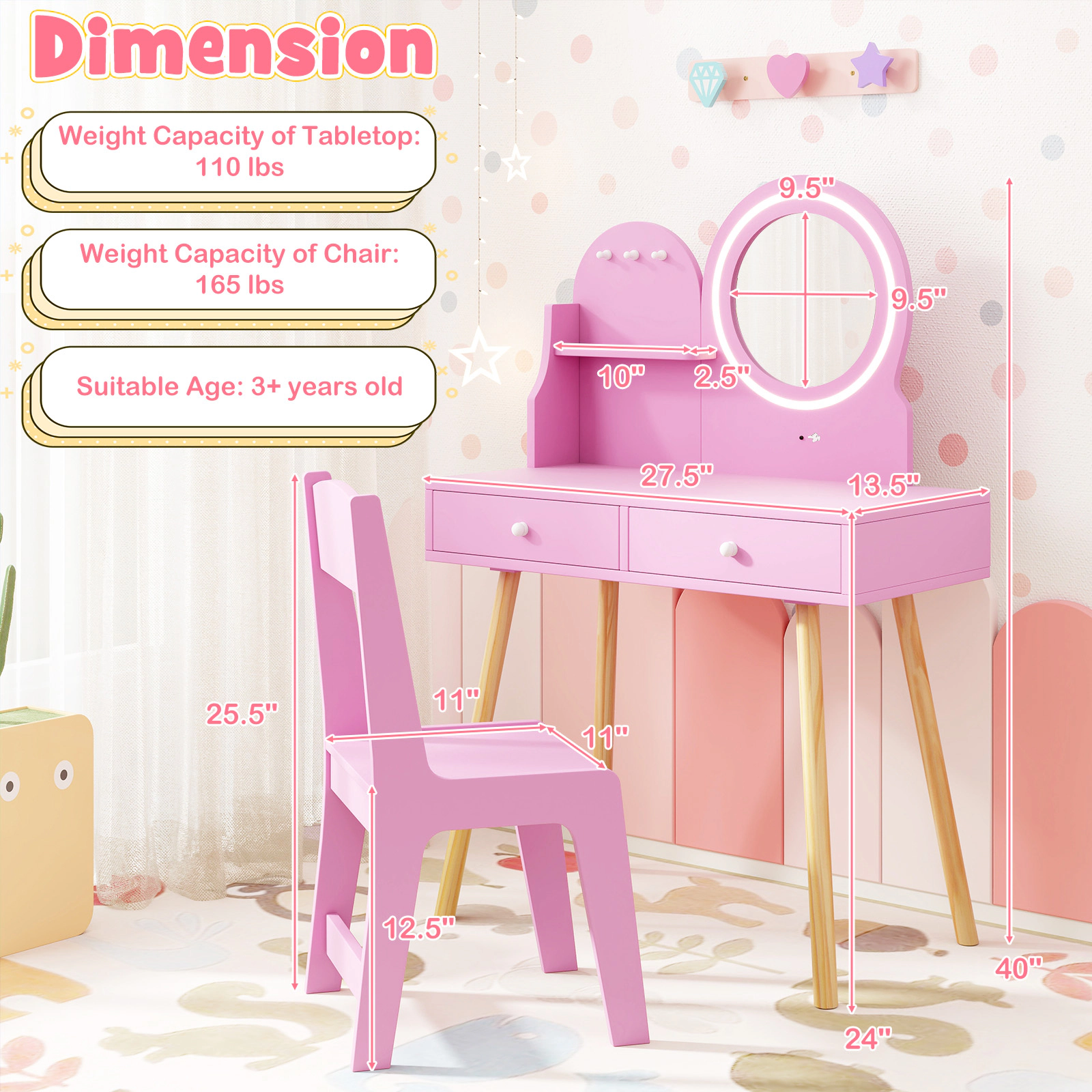 SUGIFT Kids Princess Makeup Dressing Desk & Chair Set Lighted Mirror 110-lb Tabletop 165-lb Chair Ages 3+ Pink/White