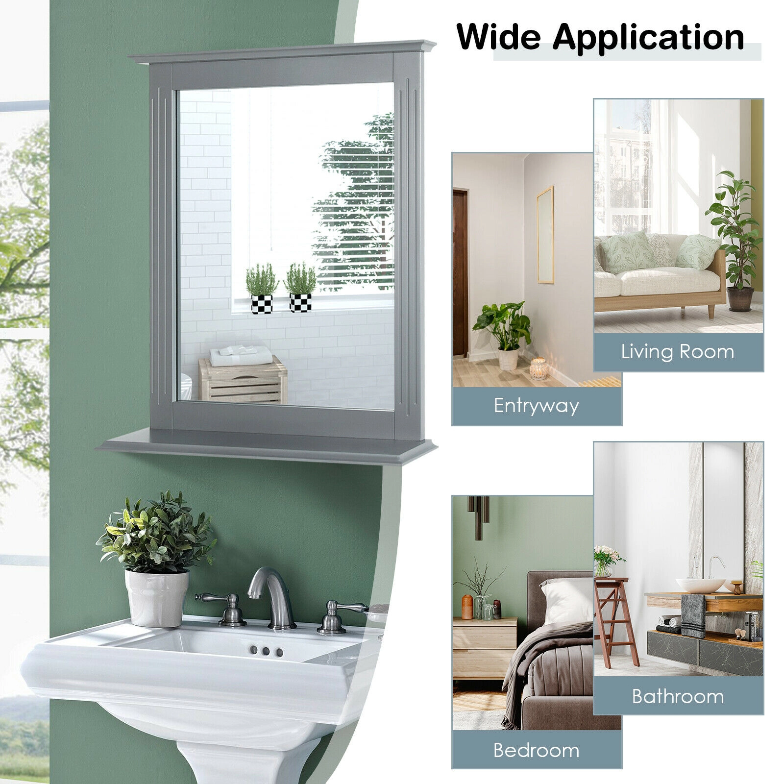 SUGIFT Gray 22.5-in x 27-in Wall Mounted Bathroom Vanity Mirror with Shelf and Grooved MDF Frame