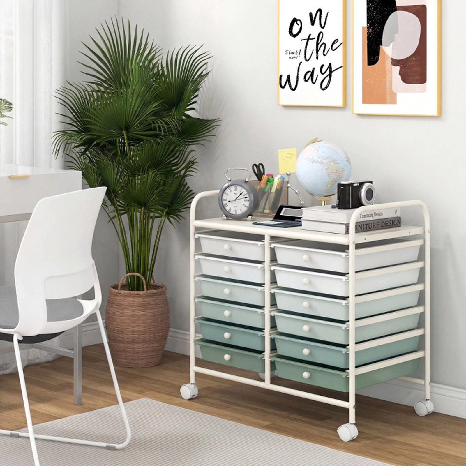 SUGIFT Green Gradient 12-Drawer Rolling Storage Cart Student Study and Craft Station with Locking Casters