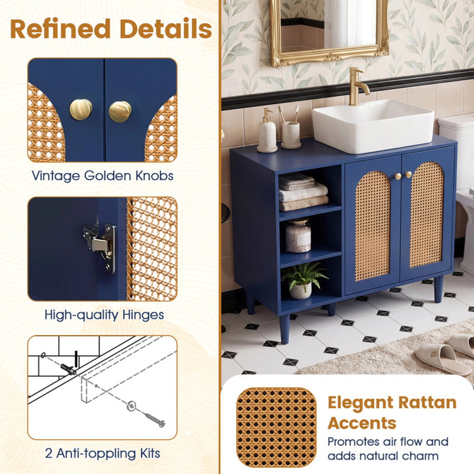 SUGIFT 36-in Under Sink Bathroom Cabinet for Vessel Sinks and Single-Handle Faucets 265-lb Top Capacity Navy + Natural