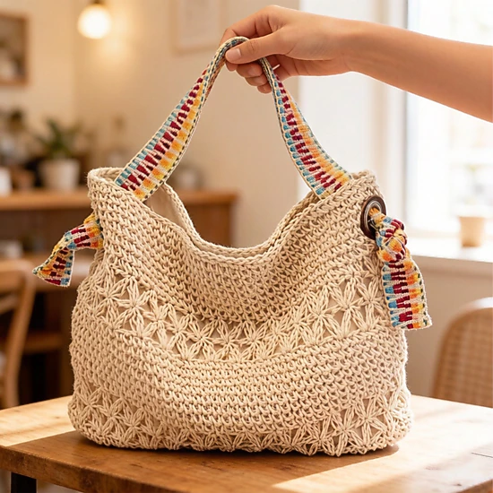 Alilang Women's Crochet Shoulder Bag with Woven Strap Textured Knit Hobo Handbag Slouchy Boho Tote Everyday Carryall