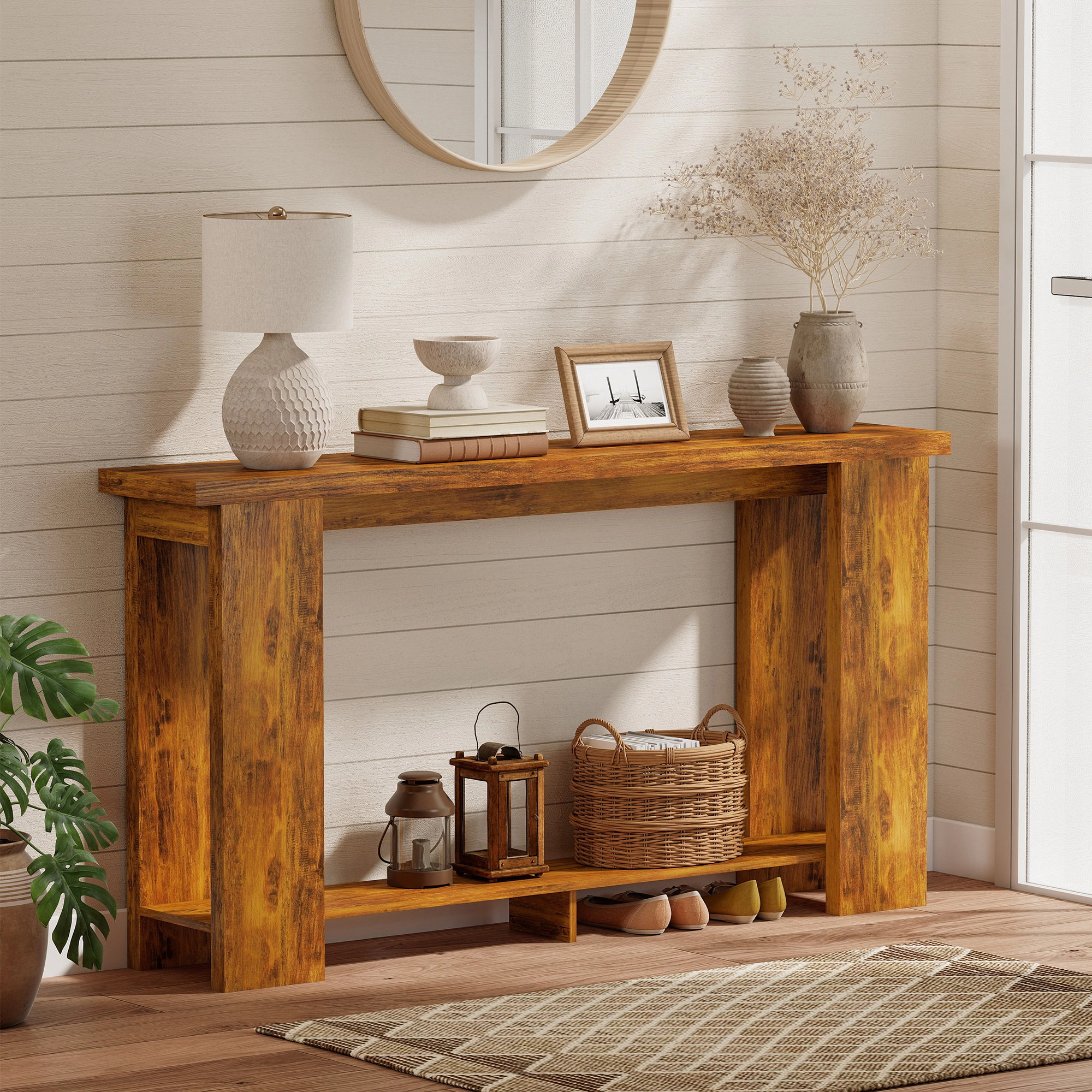 HONGGE Farmhouse Console Table, 63" Narrow Entryway Table with Thickened Tabletop for Living Room, Hallway, Distressed