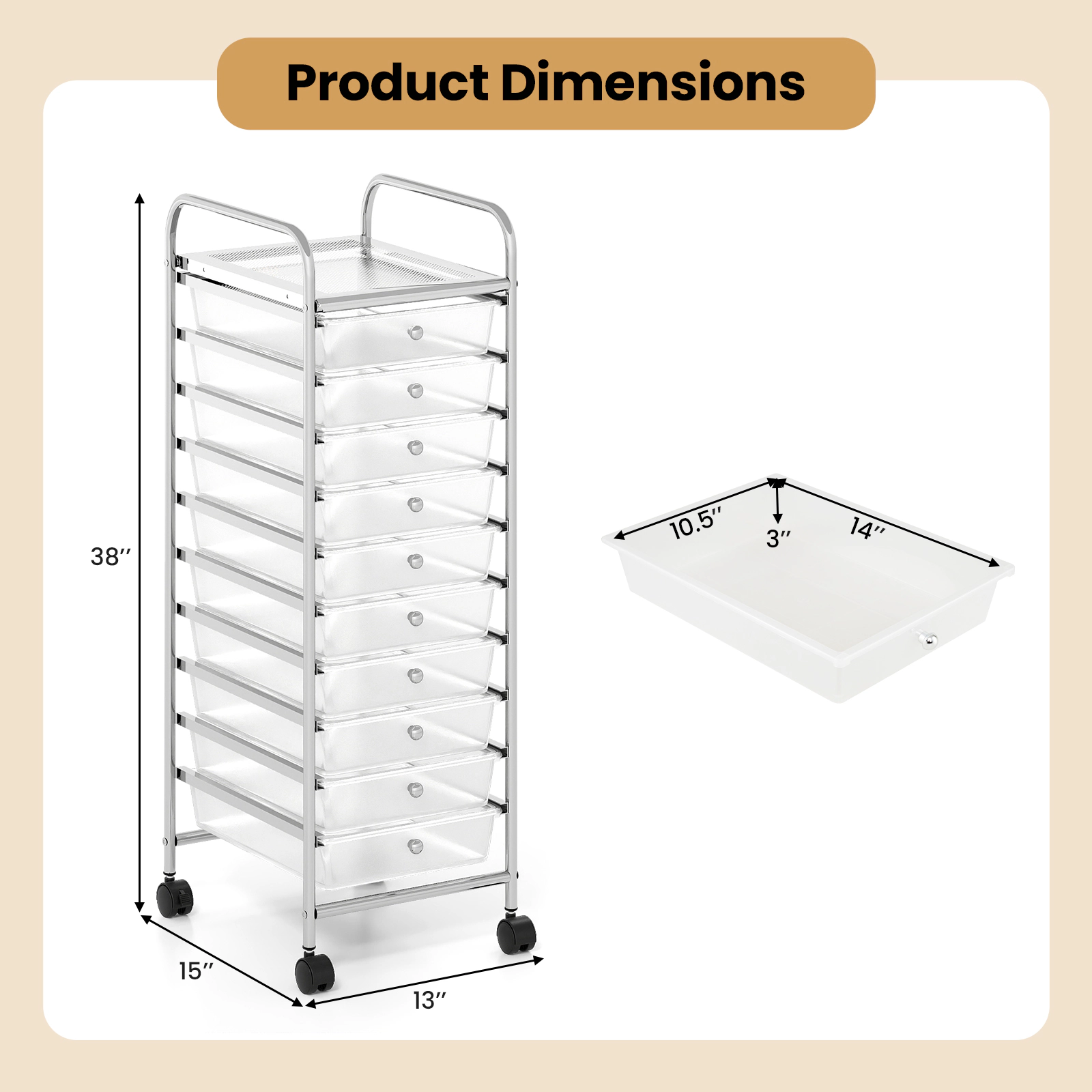SUGIFT White 38-in 10-Drawer Rolling Cart Office Paper and Classroom Supply Organizer with Metal Frame