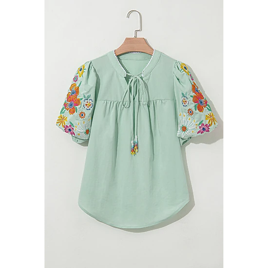 Threaded Pear Women's Reya Floral Embroidered Puff Sleeve Split Neck Blouse