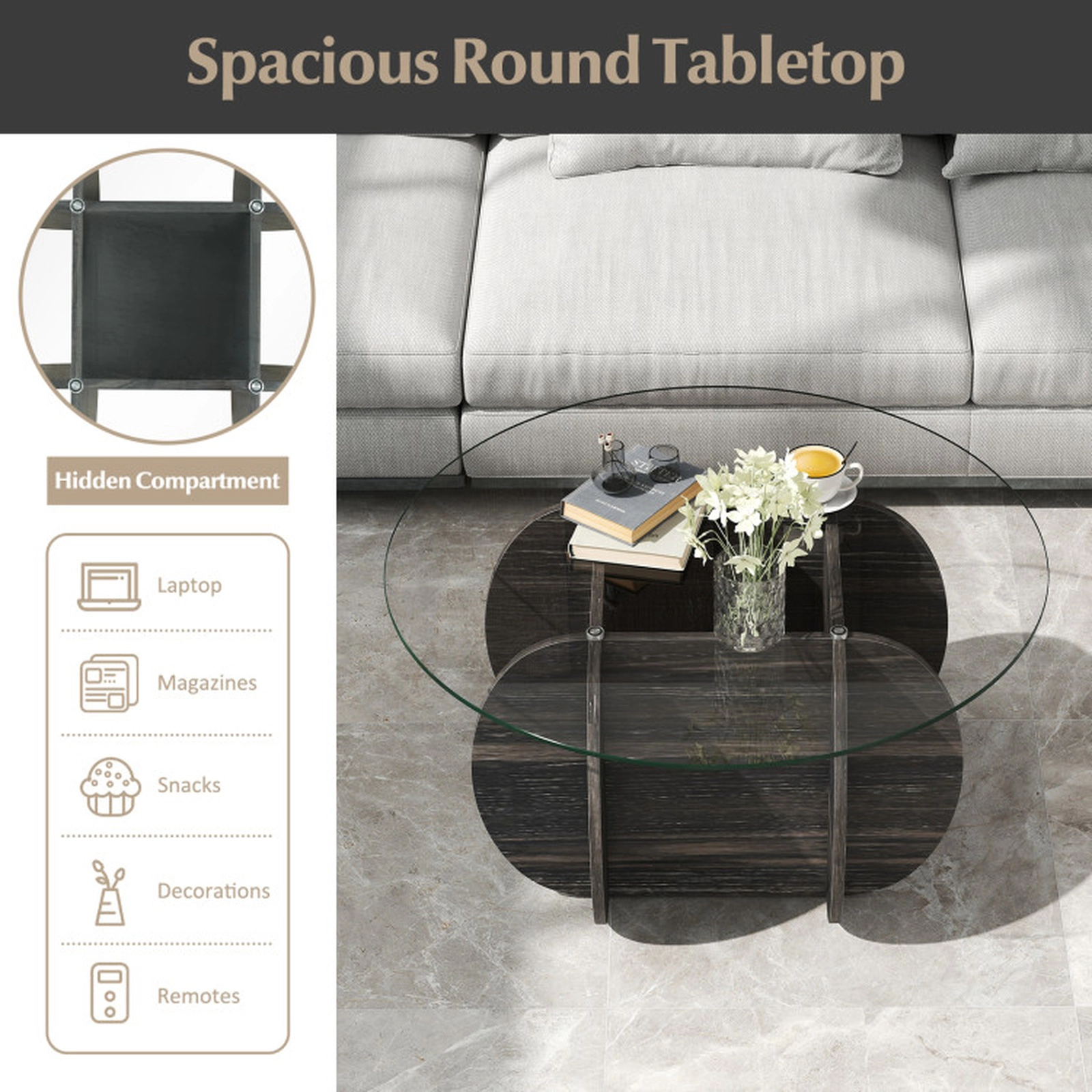 SUGIFT Round 8-mm Tempered Glass Top Hidden Compartment Coffee Table 35-in x 35-in x 18-in 220-lb Capacity Black