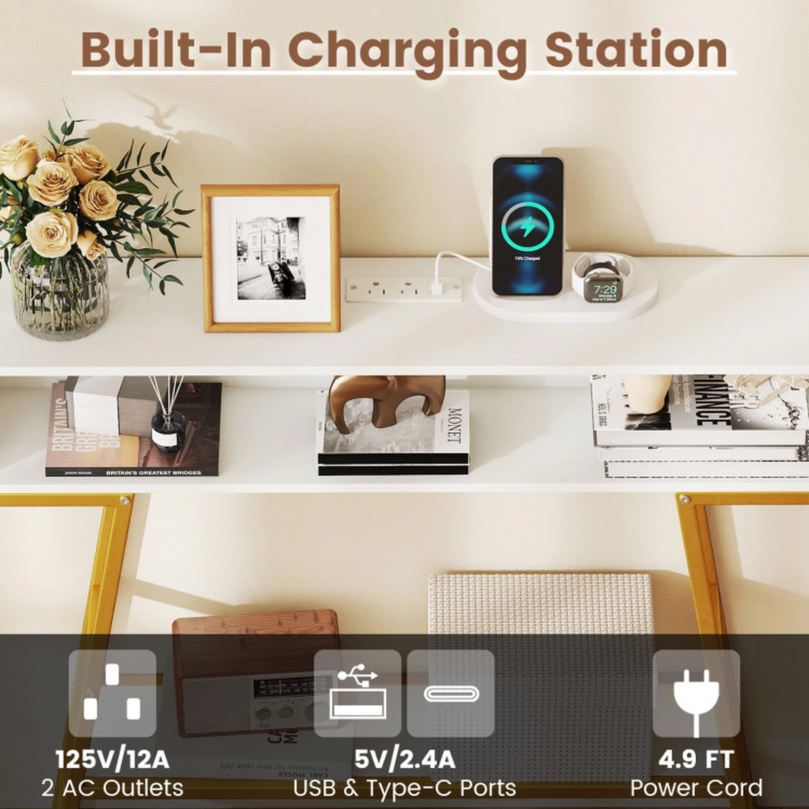 SUGIFT Engineered Wood Metal Frame RGB LED USB C Charging Console Table In White