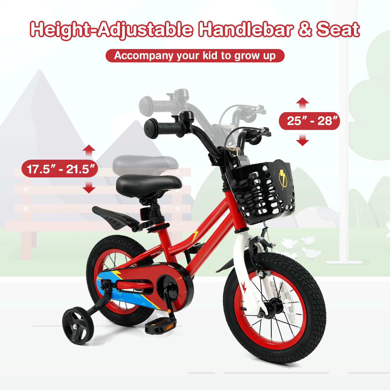 SUGIFT Four-Wheel 12-Inch Kids Bicycle with Training Wheels 100-lb Seat Capacity Ages 3-4 Years Red