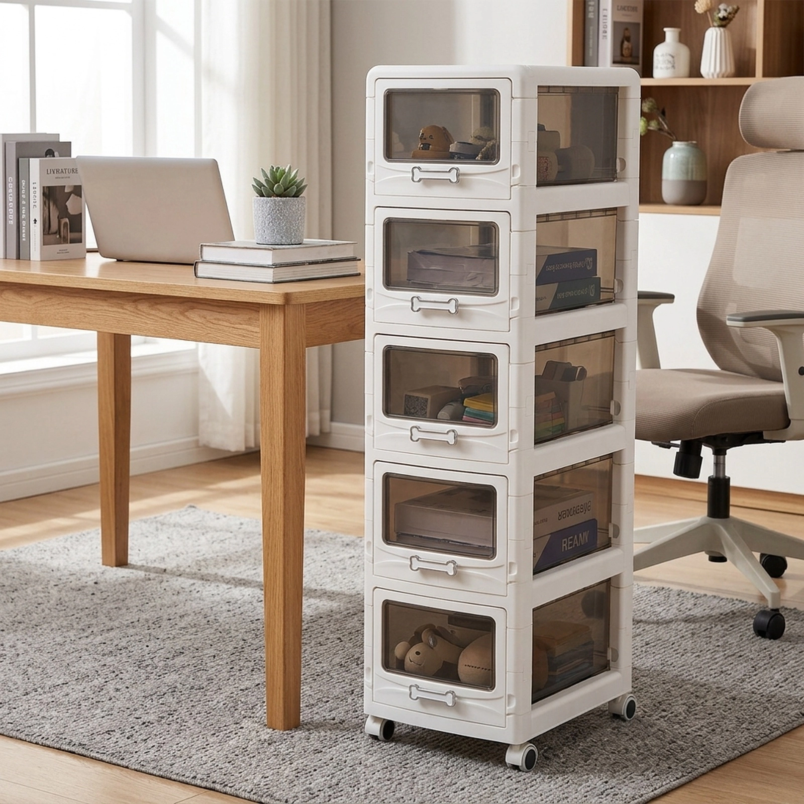 SUGIFT 5-Tier Plastic Drawer Storage Cart White with Deep Drawers and Lockable Wheels