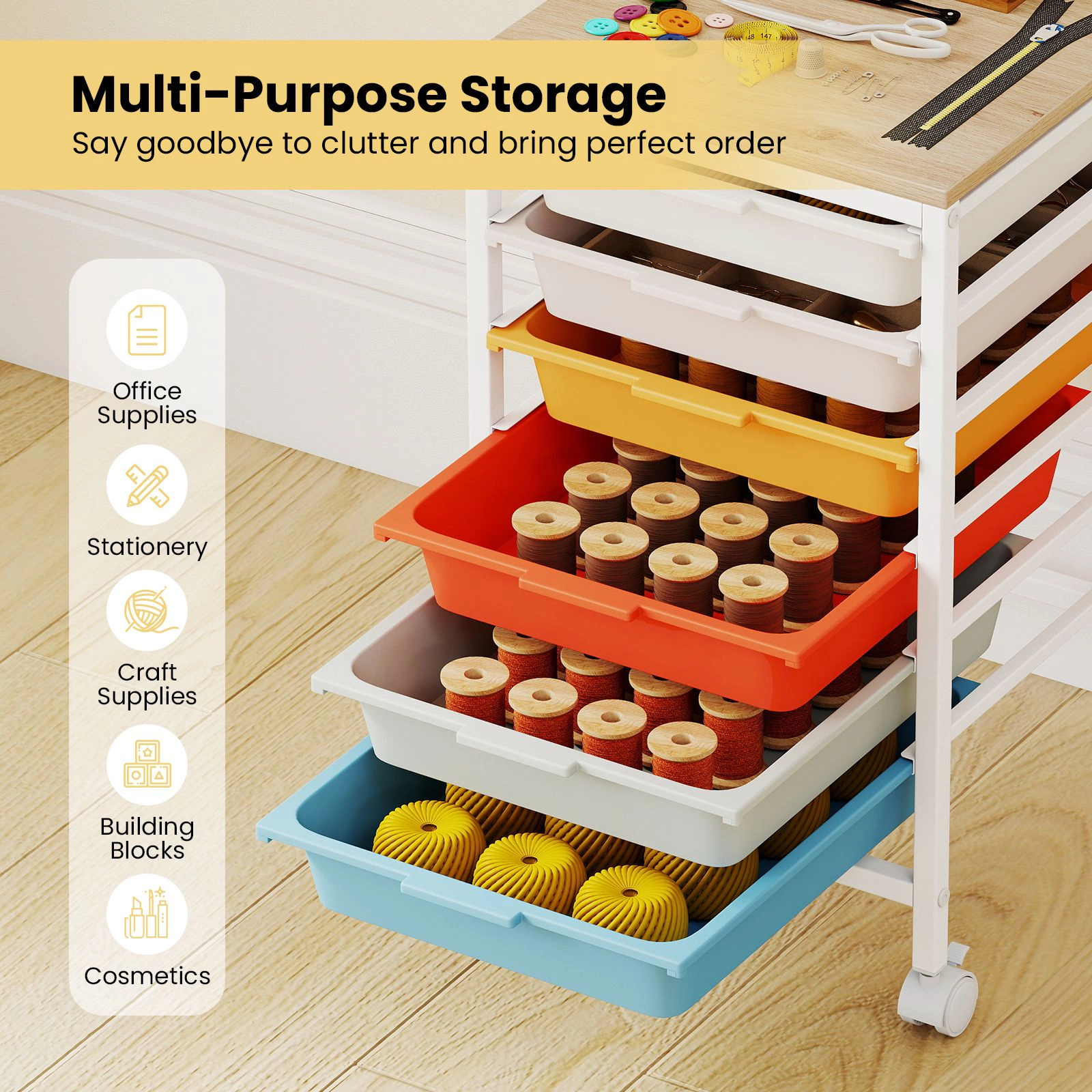 SlickBlue 6 Drawer Rolling Storage Cart with Wooden Top Organizer