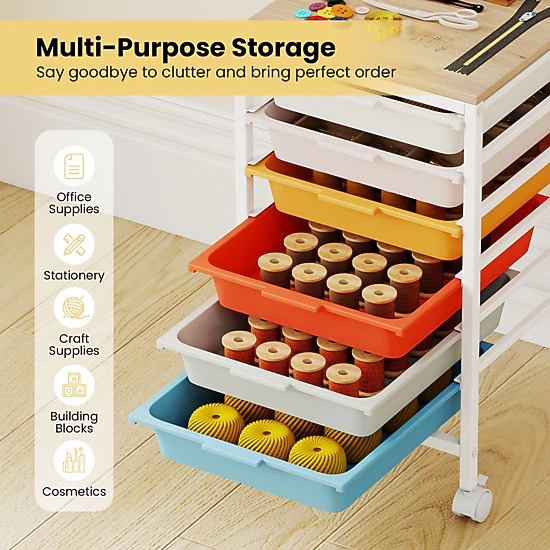SlickBlue 6 Drawer Rolling Storage Cart with Wooden Top Organizer
