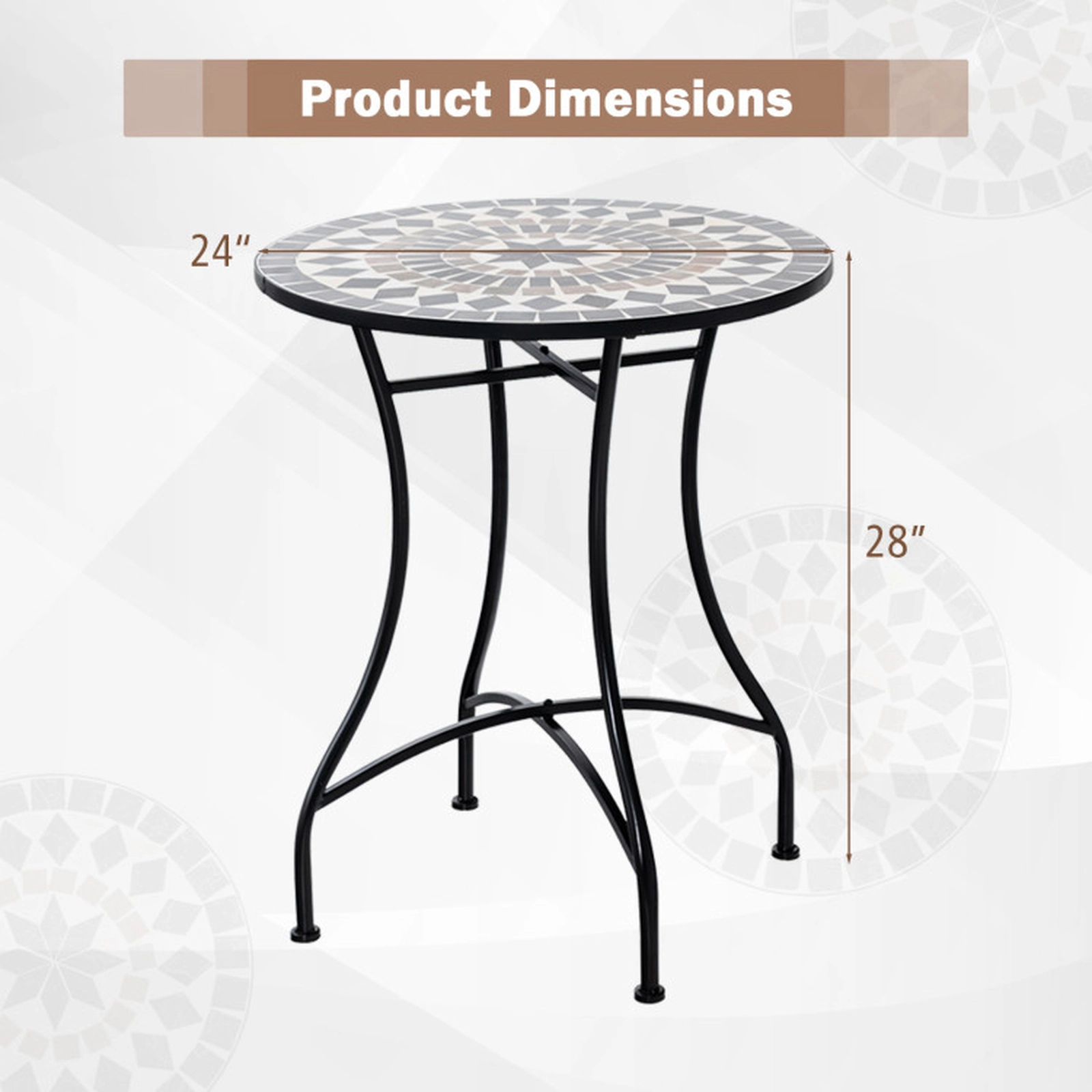 SUGIFT 24-Inch Black Round Outdoor Bistro Table, Ceramic Mosaic Tile Top, Metal X-Frame