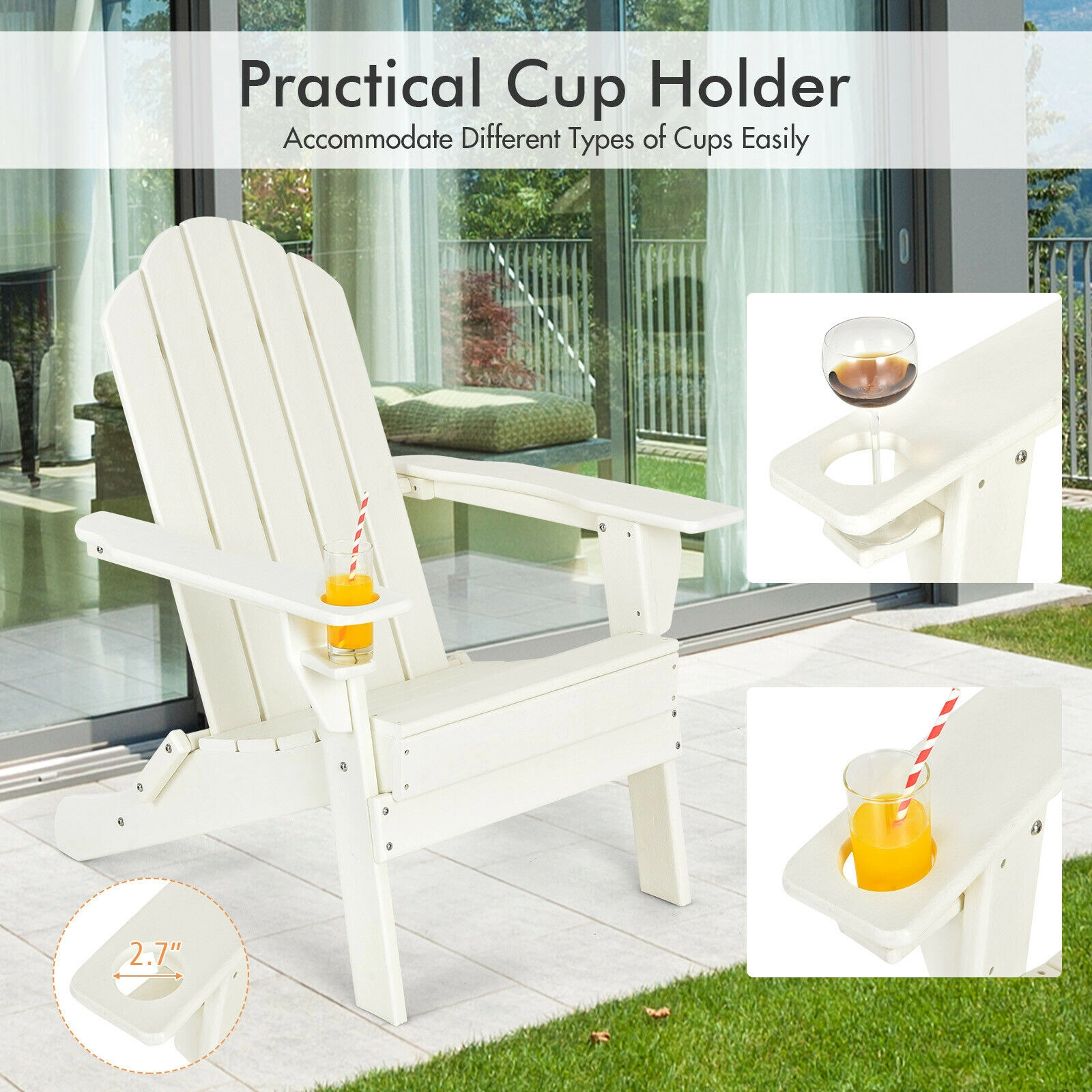 SUGIFT Foldable Weather Resistant PE Adirondack Patio Chair with Cup Holder 330-lb Capacity White
