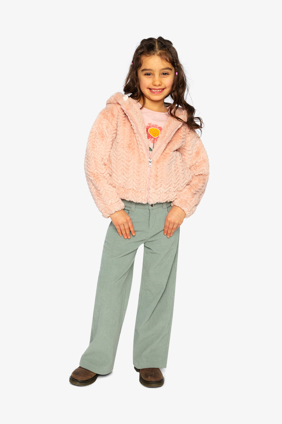 Deux par Girls Chevron Faux Fur Hooded Zip Cardigan