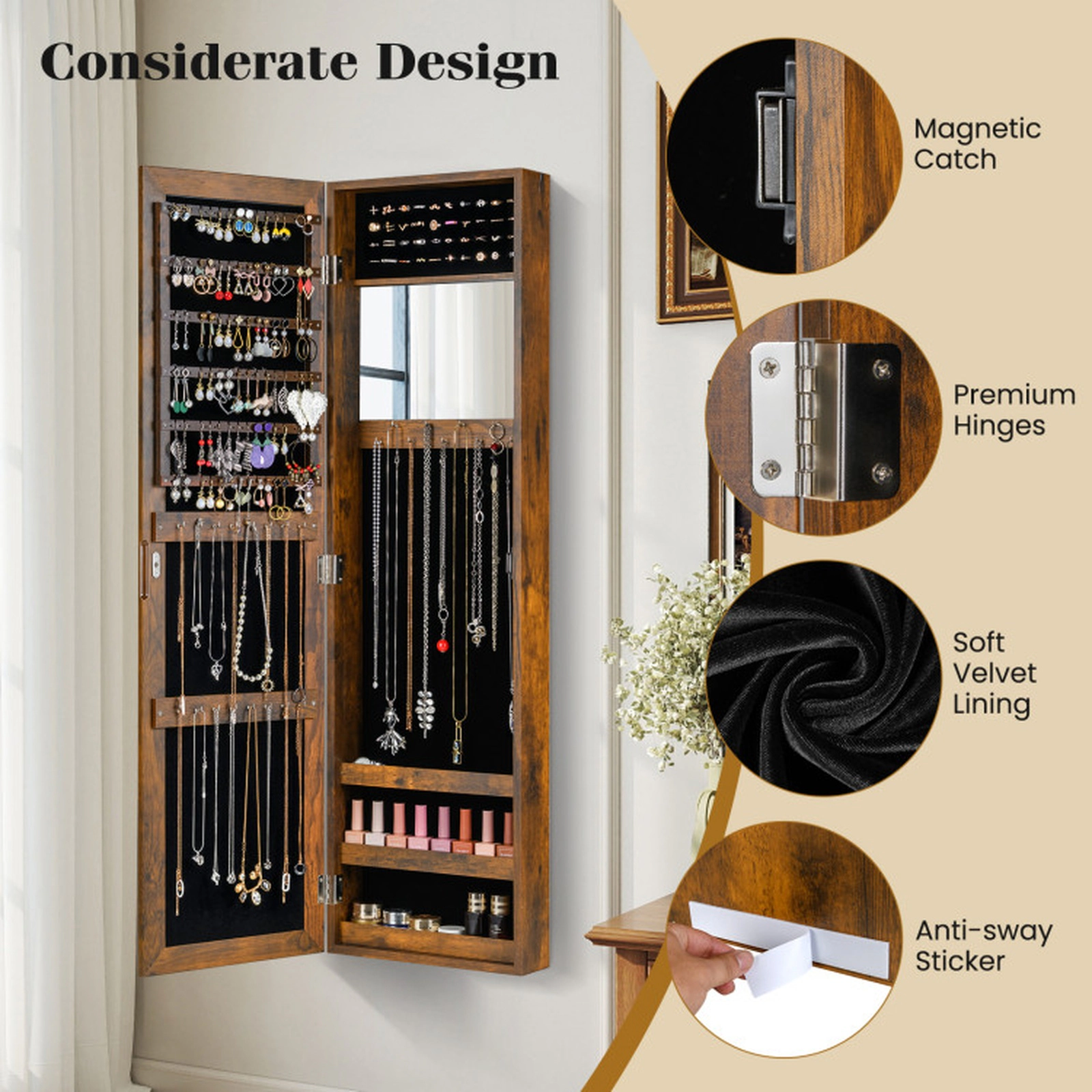 SUGIFT Over Door Mount Full-Length Mirror Jewelry Cabinet Armoire 12.5-in x 3.7-in x 43.5-in 25 Hooks Rustic Brown