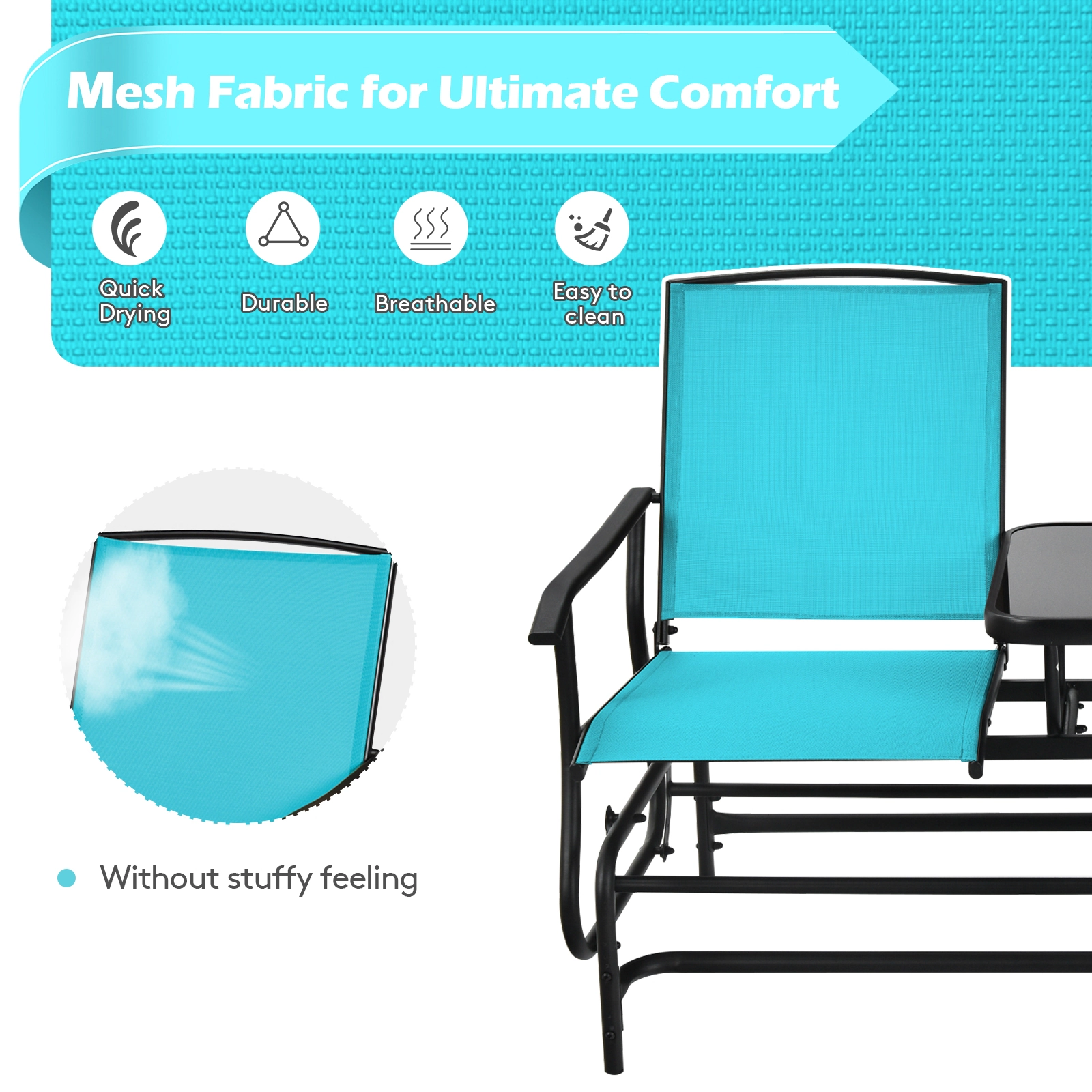 SUGIFT 2-Person Rocking Conversation Loveseat with Mesh Fabric and Center Tempered Glass Table 530-lb Capacity Turquoise
