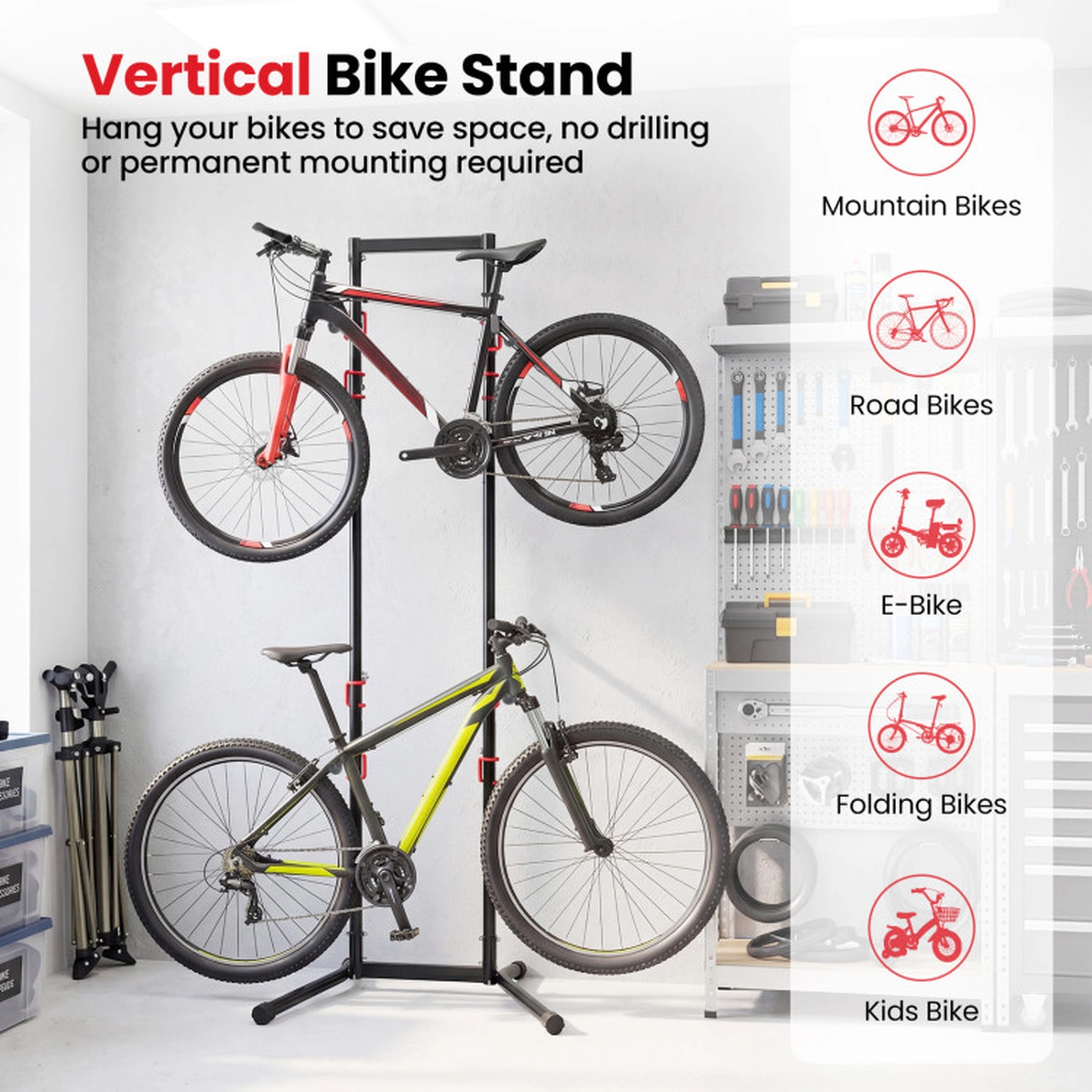 SUGIFT 4-Bike 8-Arm Adjustable Vertical Carbon Steel Bike Storage Rack 30-in x 29-in x 85-in 198-lb Capacity Black