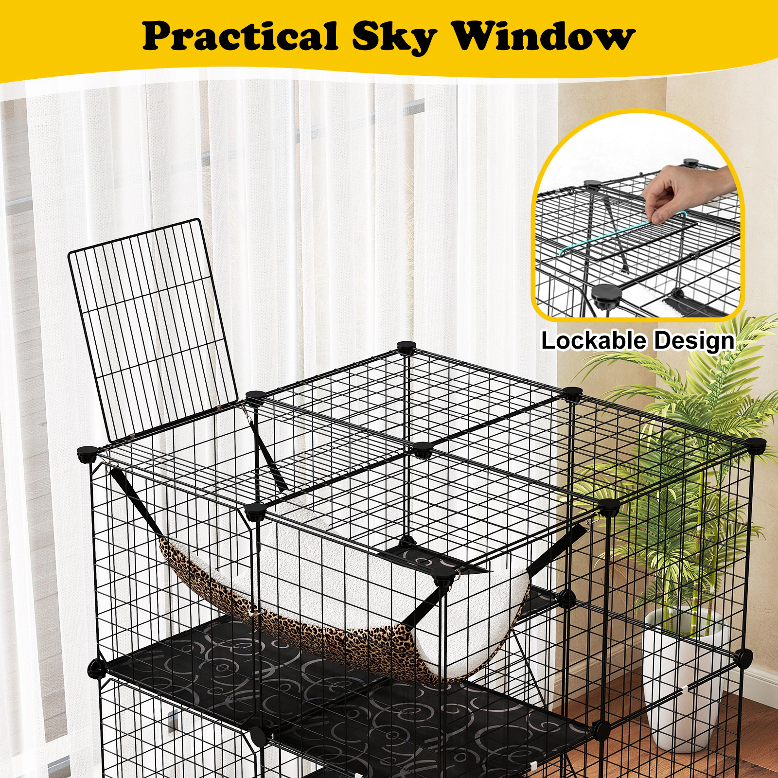 Glintex 3-Tier Indoor Cat Cage with Lockable Skylight Hammock and Modular Panels, Black