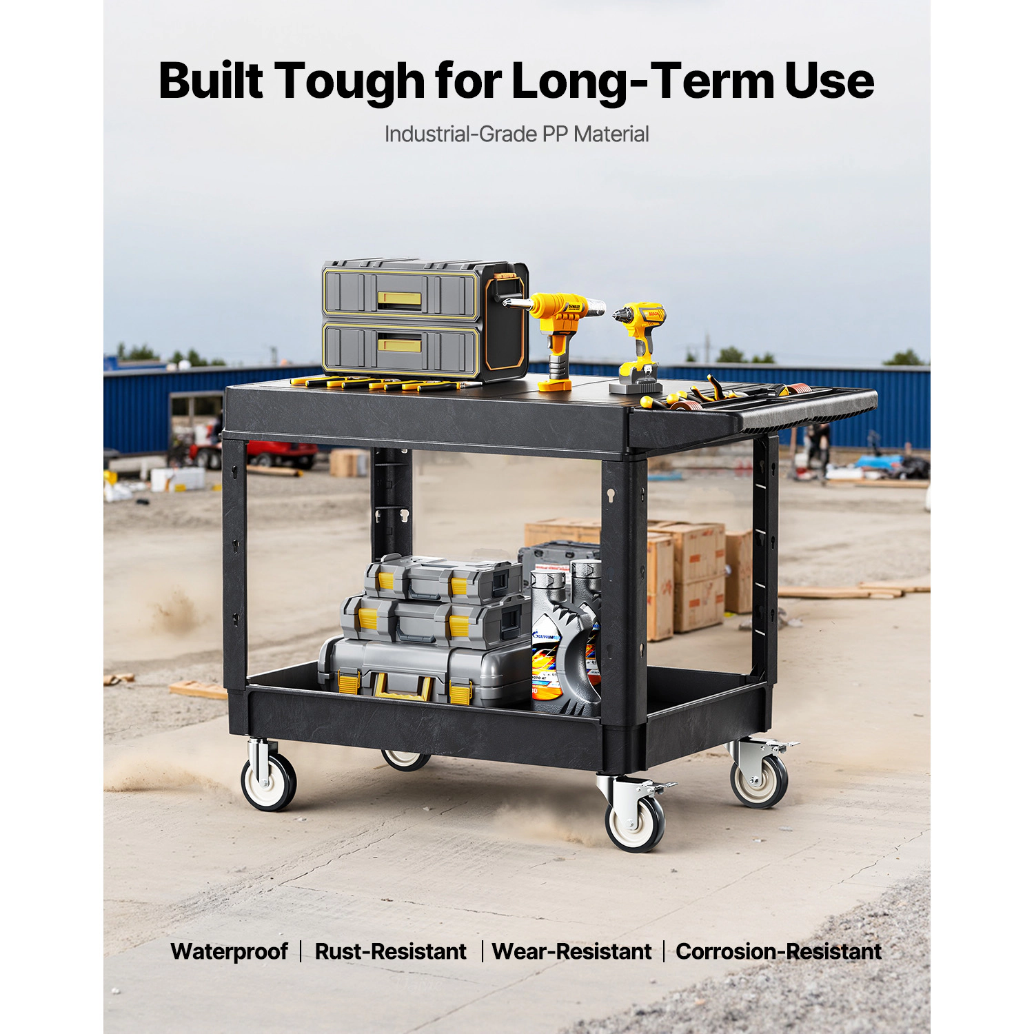 HONGGE Utility Cart 550 lbs Load Capacity Service Cart Two-Shelf Heavy Duty Plastic Utility Cart with 360° Swivel