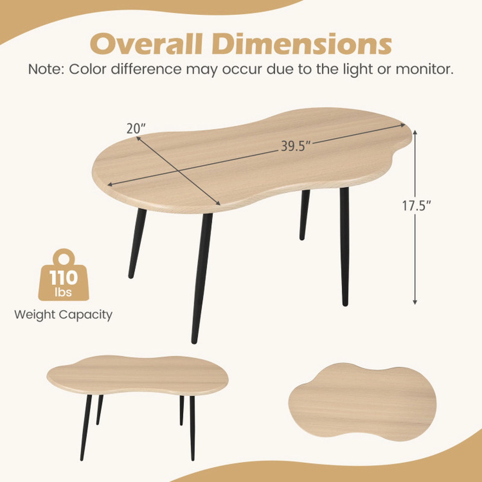 SUGIFT Cloud Shape Irregular Coffee Table 110-lb Capacity Natural