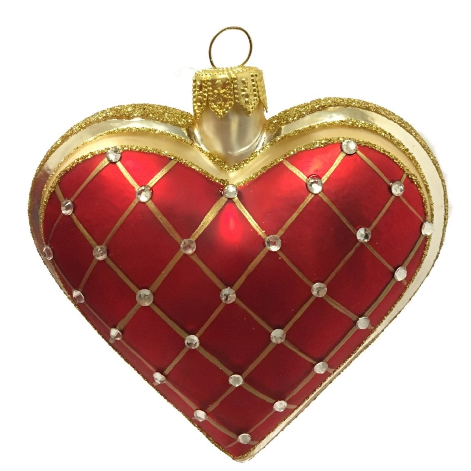 Pinnacle Peak Trading Company Red Heart with Gold Stripes Polish Glass Christmas Tree Ornament Made in Poland