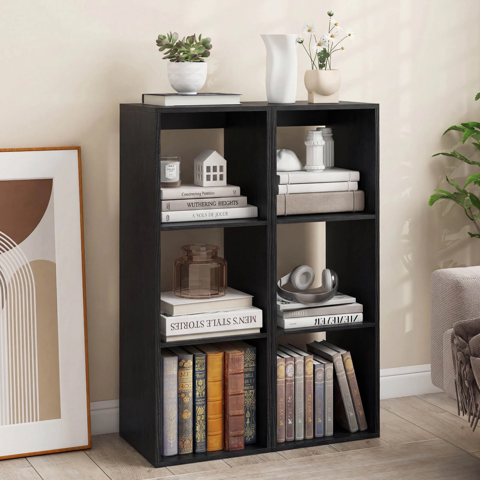 Costway 3-Cube Bookshelf,Modern Vertical Bookcase with Back Guardrail & Anti-tipping Kits Coffee