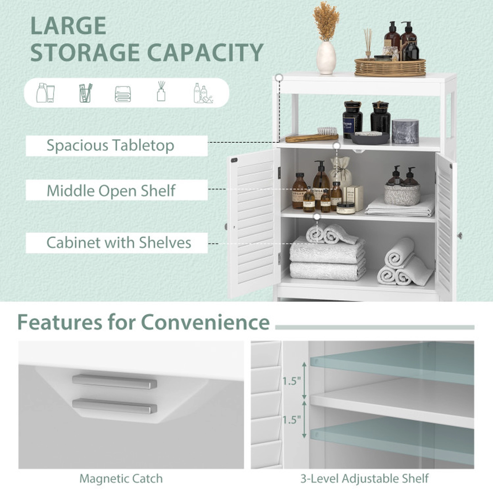 SUGIFT White 77-lb Top Capacity Freestanding Bathroom Floor Cabinet with Double Shutter Doors and 3-Position Shelf