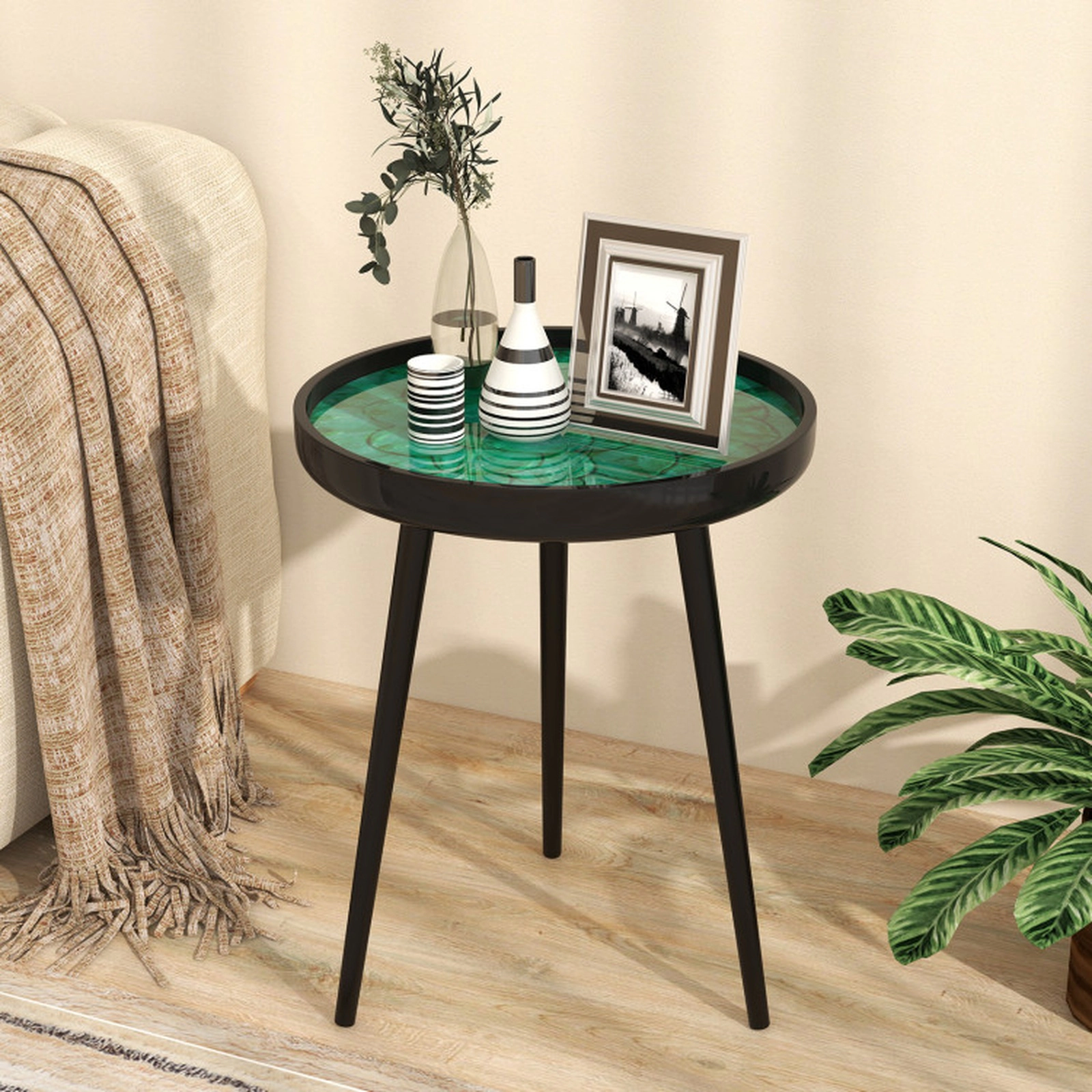 SUGIFT Handmade Sea Shell Tray-Top Mid-century Modern Coffee End Table 16-in Round 100-lb Capacity Green + Black