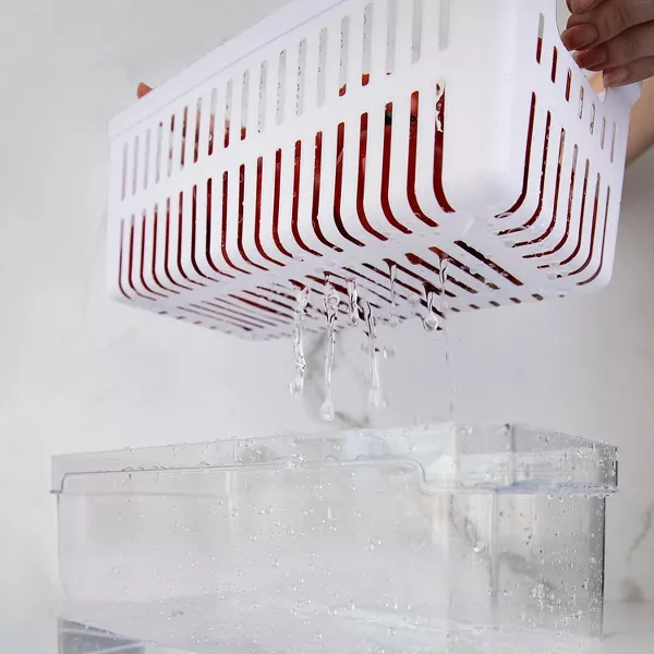 OU Fridge Organizer Bins w/ Drain Basket & Vented Lids, Clear Stackable Storage Container, BPA Free, 2 Pack (5.3qt Each)
