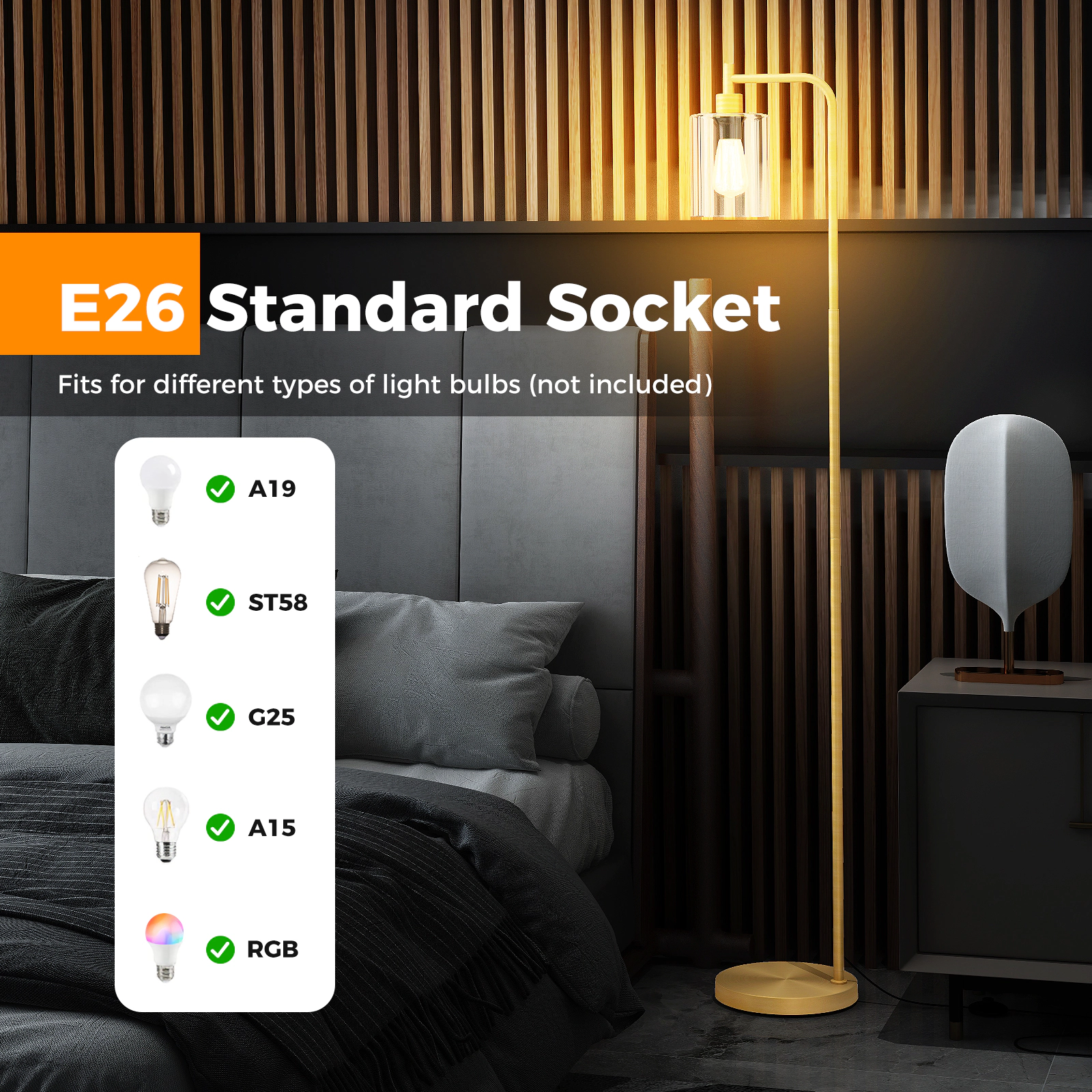 SUGIFT Modern Metal Floor Lamp with Hanging Glass Lampshade and Foot Switch 66-in Tall E26 Socket Black/Gold