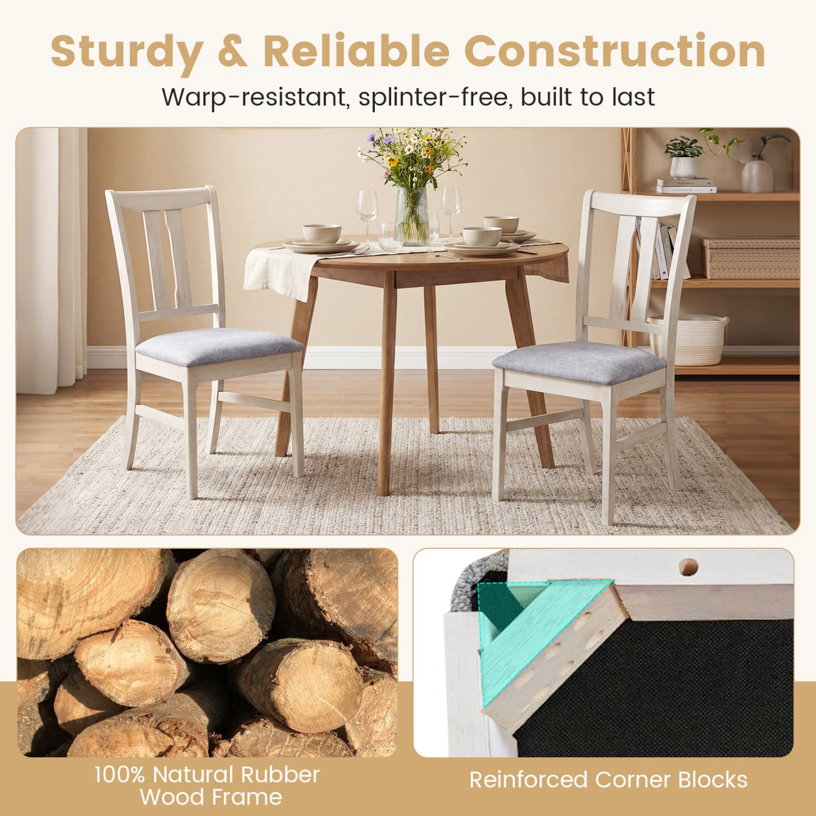 SUGIFT Set of 2 Wooden Upholstered Dining Chairs High Curved 20-in Back 330-lb Capacity Gray & White Rubber Wood Frame