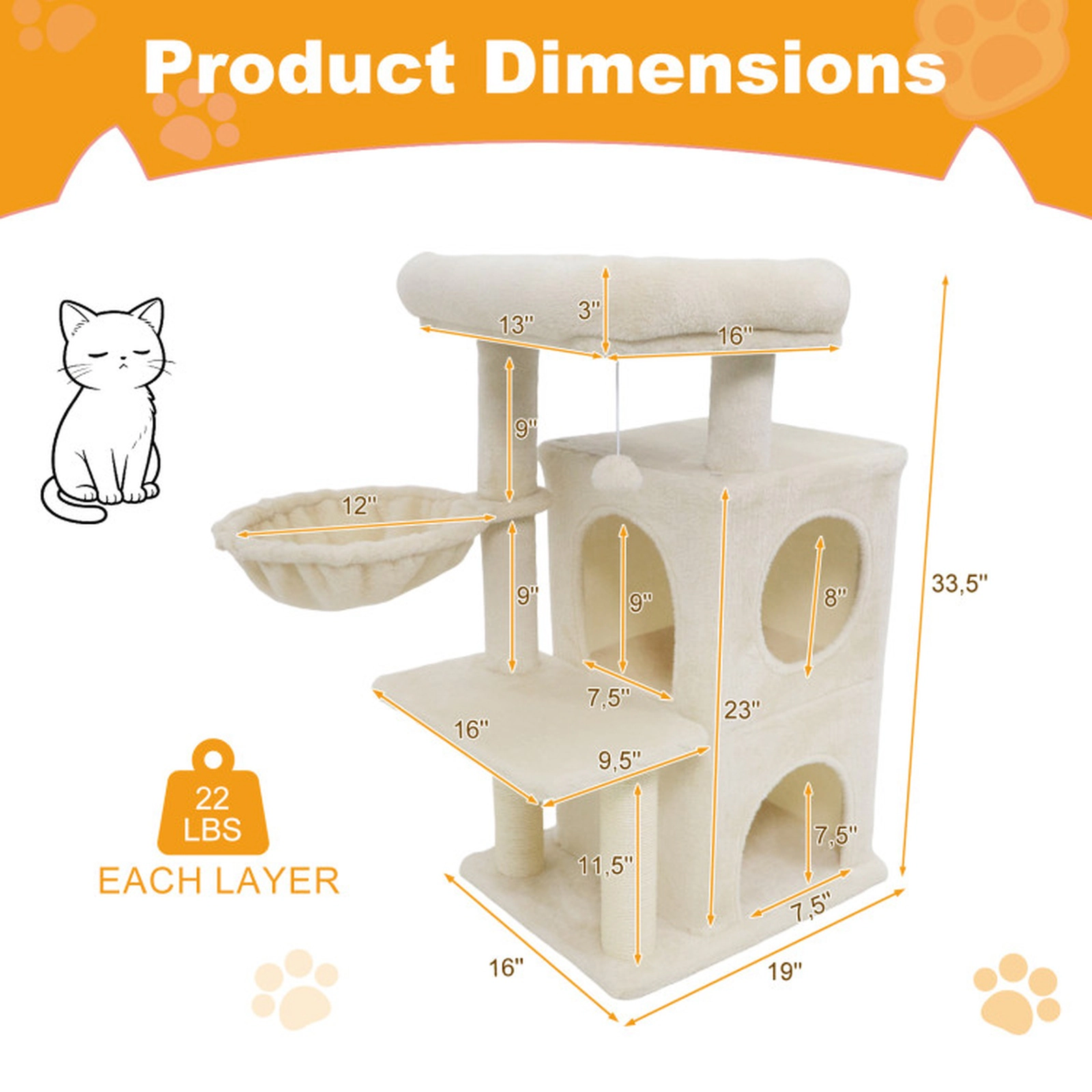 SUGIFT 33.5-in Kitten Tower Cat Tree with 2-Tier Condo and Padded Top Perch 22-lb Capacity per Layer Beige