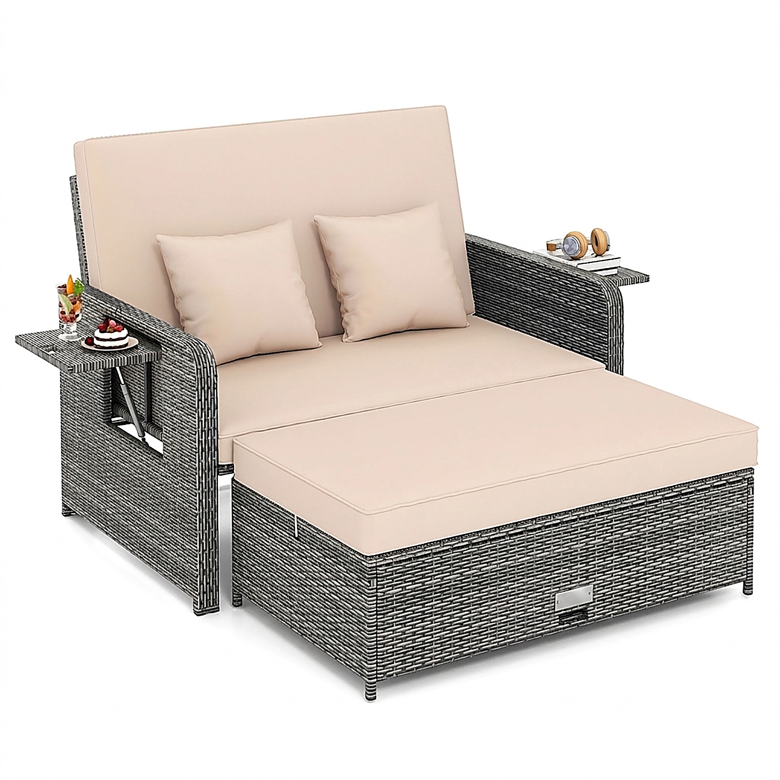 SUGIFT Beige Wicker Patio Loveseat Daybed with Adjustable Backrest, Ottoman and Trays