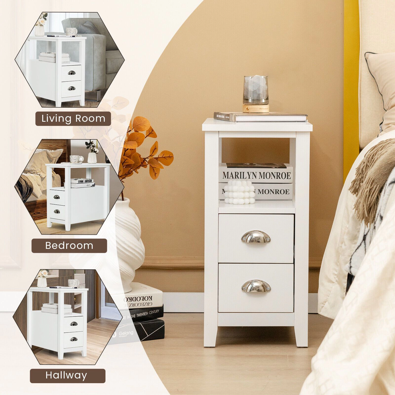 SlickBlue Set of 2 Compact Side Table with Drawers and Tier Shelves